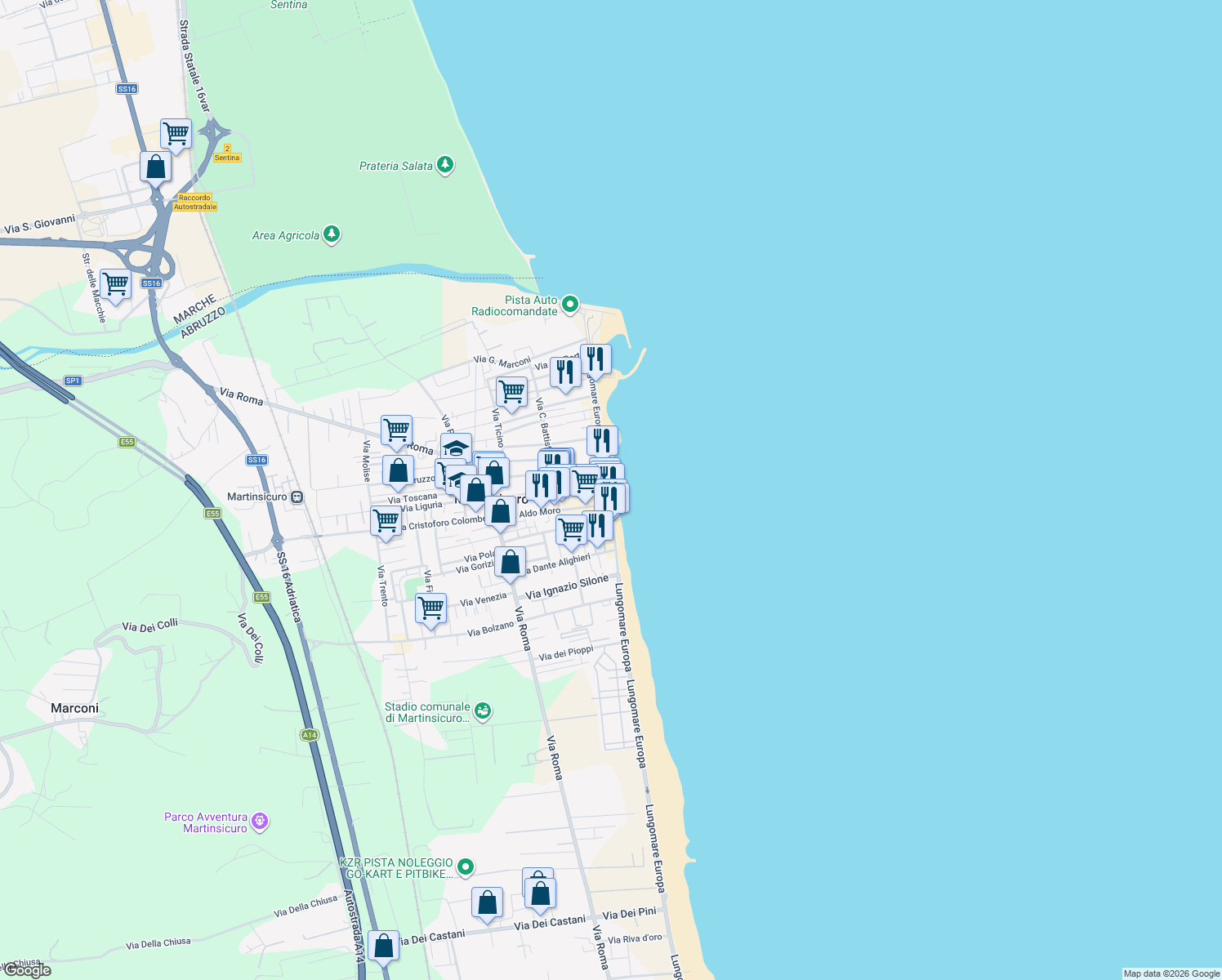 map of restaurants, bars, coffee shops, grocery stores, and more near 52 Lungomare Europa in Martinsicuro