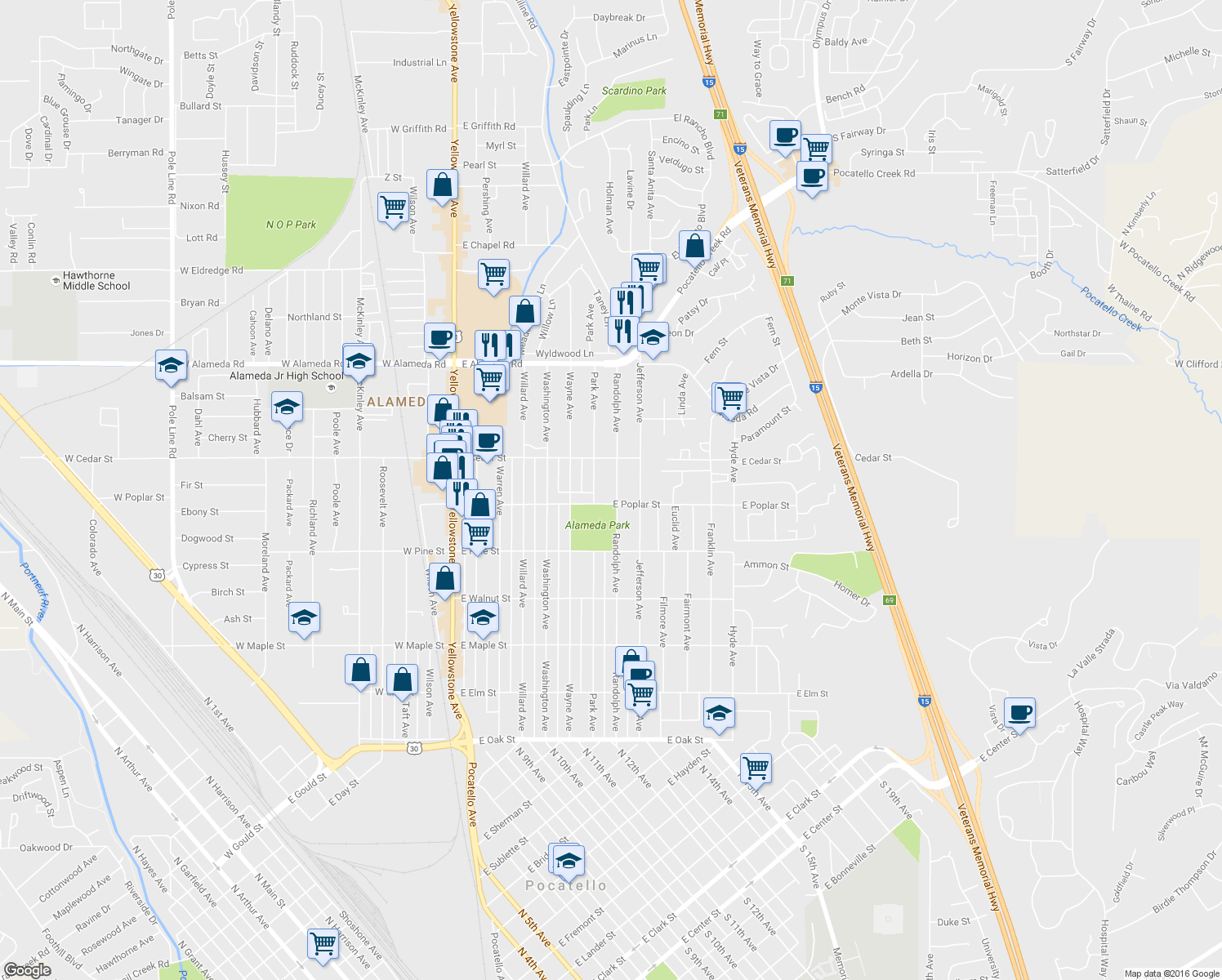 map of restaurants, bars, coffee shops, grocery stores, and more near 613 Randolph Ave in Pocatello