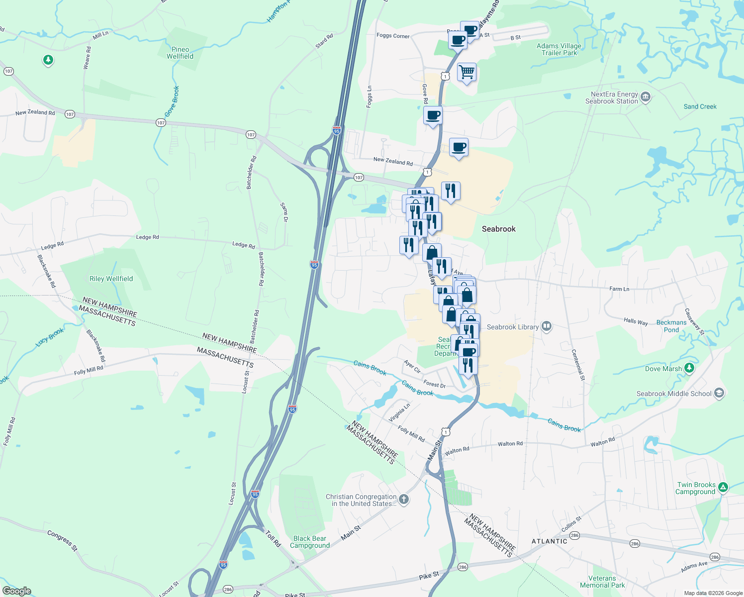 map of restaurants, bars, coffee shops, grocery stores, and more near 22 Autumn Way in Seabrook