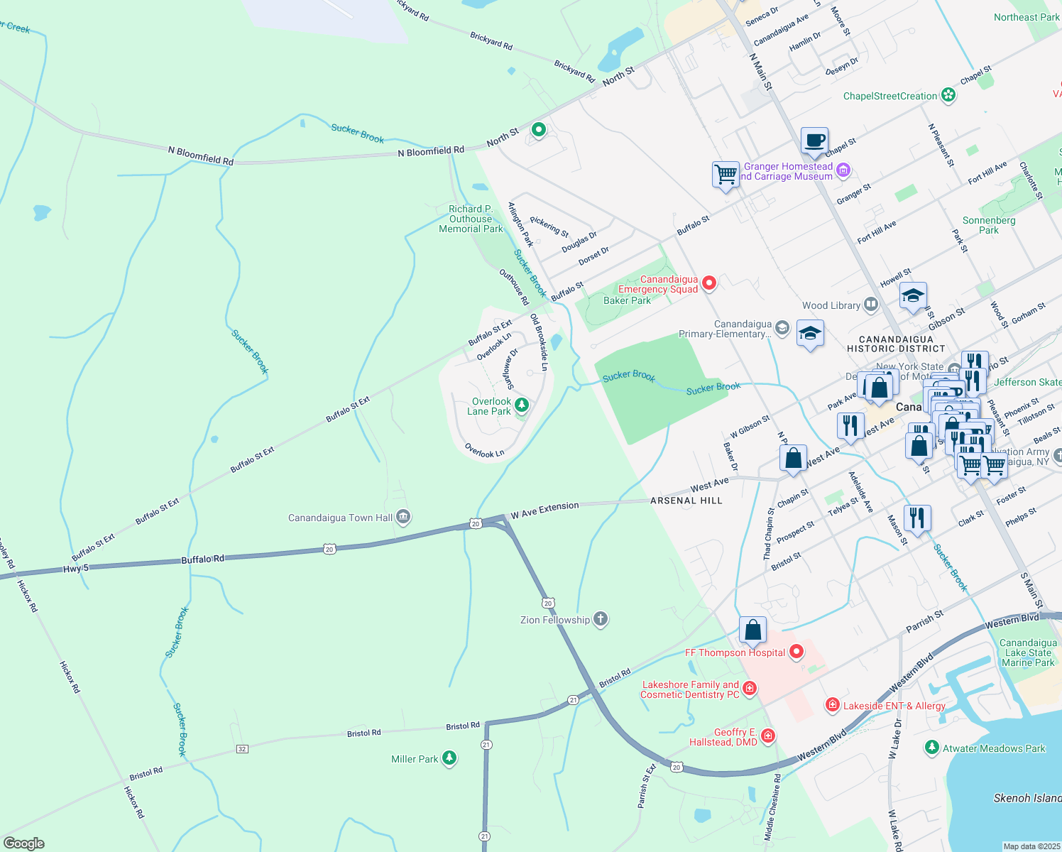 map of restaurants, bars, coffee shops, grocery stores, and more near 5228 Overlook Lane in Canandaigua