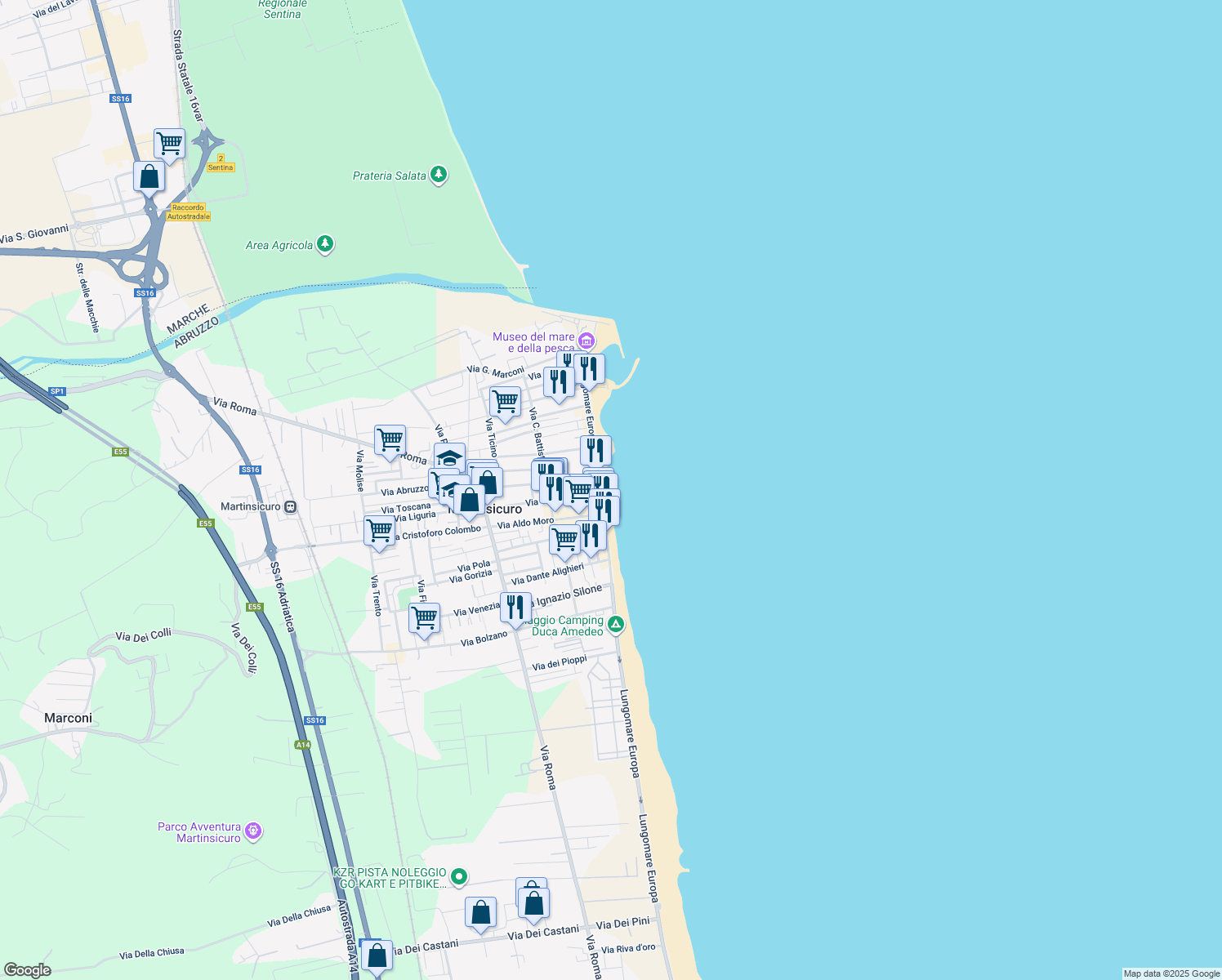 map of restaurants, bars, coffee shops, grocery stores, and more near 52 Lungomare Europa in Martinsicuro