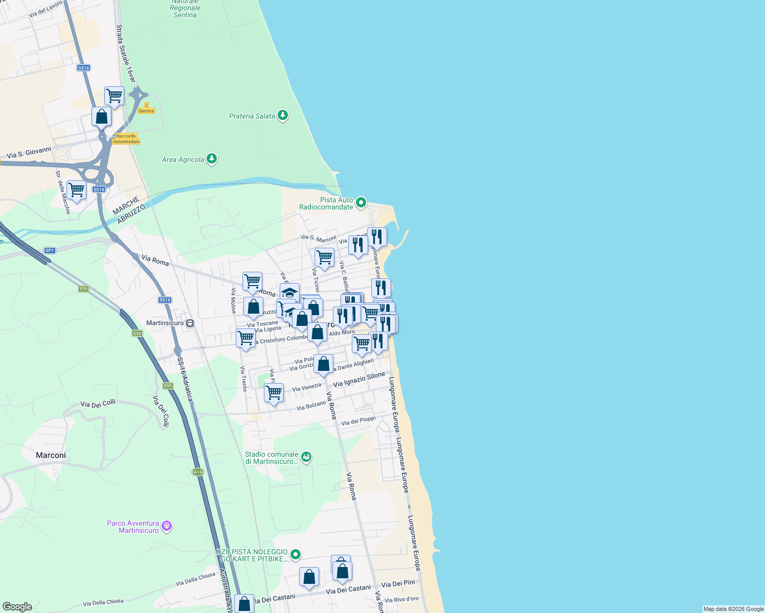 map of restaurants, bars, coffee shops, grocery stores, and more near 52 Lungomare Europa in Martinsicuro