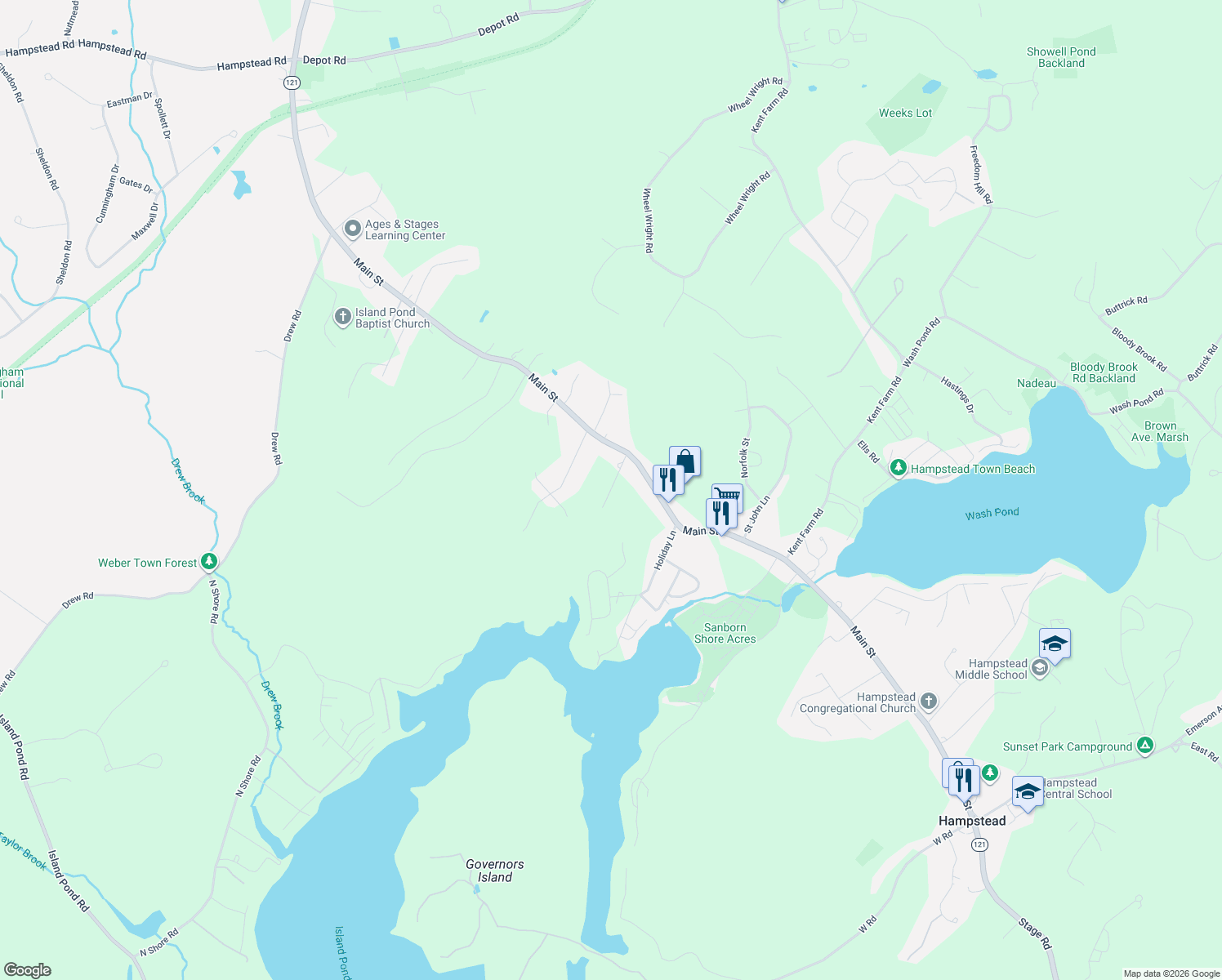 map of restaurants, bars, coffee shops, grocery stores, and more near 28 Longview Drive in Hampstead
