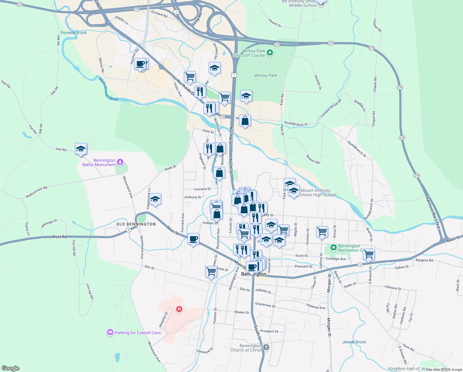map of restaurants, bars, coffee shops, grocery stores, and more near 344 North Street in Bennington