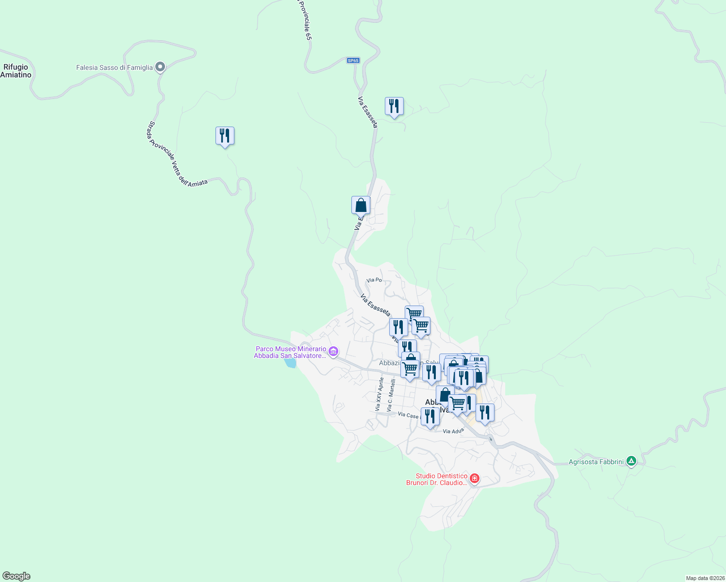 map of restaurants, bars, coffee shops, grocery stores, and more near 11 Via Esasseta in Abbadia San Salvatore