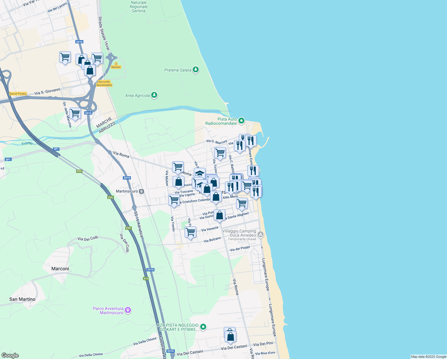 map of restaurants, bars, coffee shops, grocery stores, and more near 32 Via Ferdinando Magellano in Martinsicuro