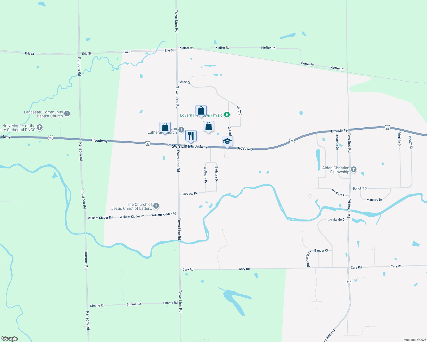 map of restaurants, bars, coffee shops, grocery stores, and more near 956 East Alaura Drive in Alden