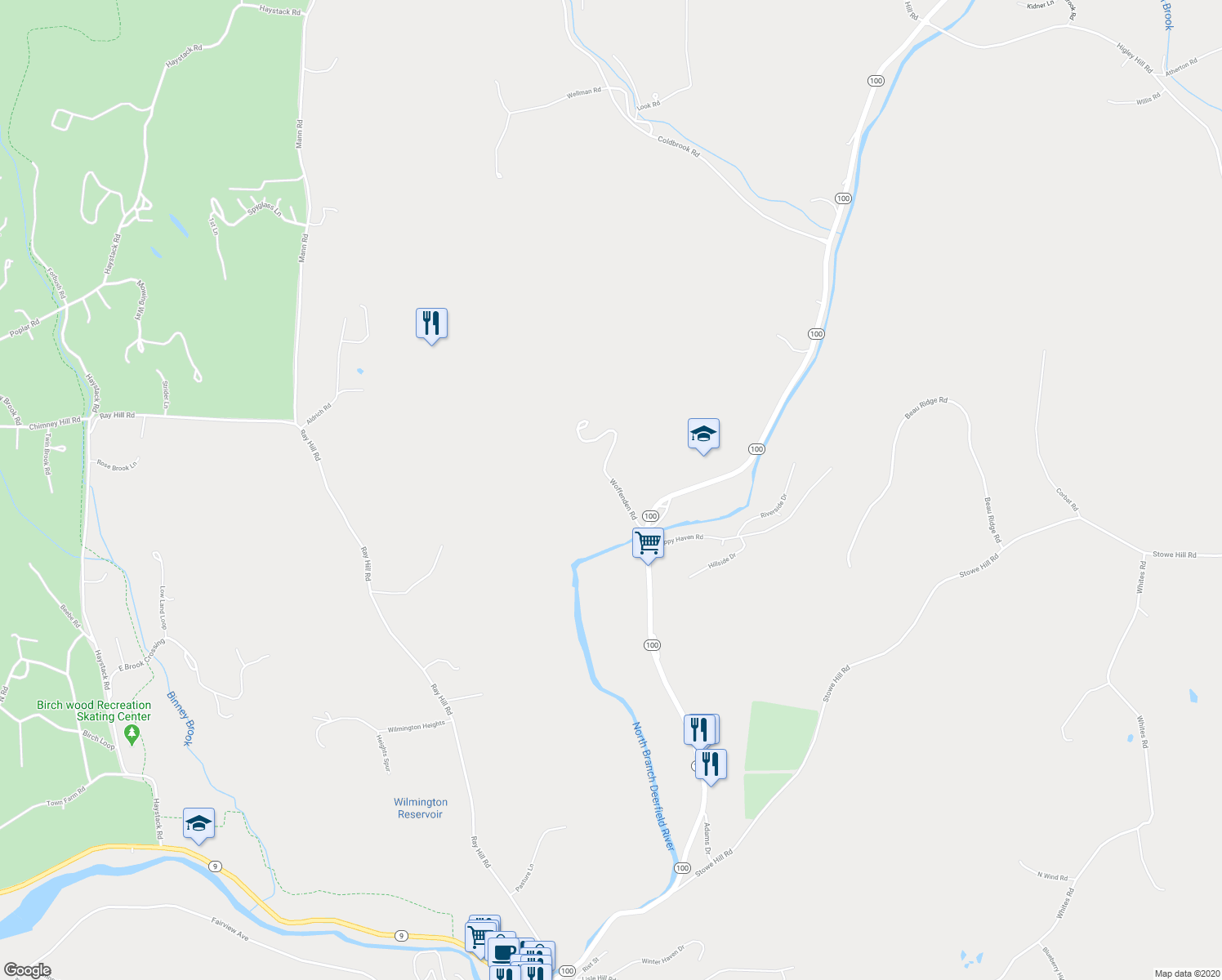 map of restaurants, bars, coffee shops, grocery stores, and more near 36 Woffenden Road in Wilmington