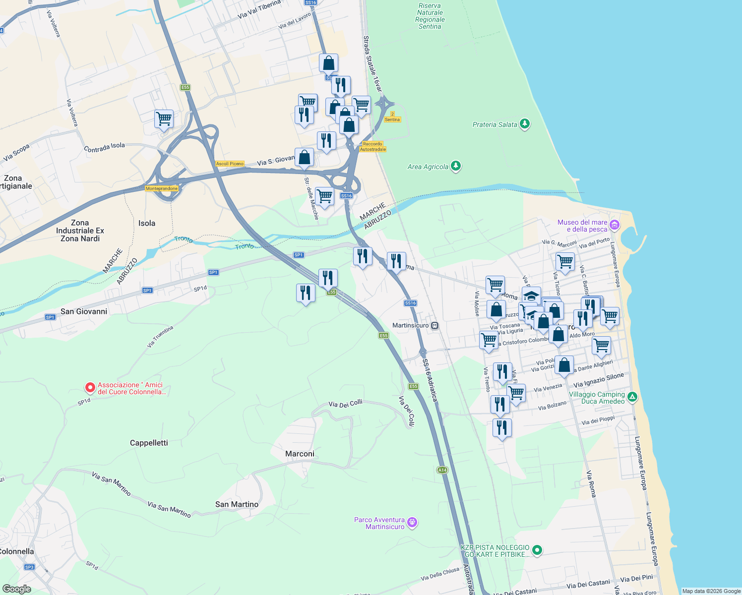 map of restaurants, bars, coffee shops, grocery stores, and more near Via Colle di Marzio in Martinsicuro
