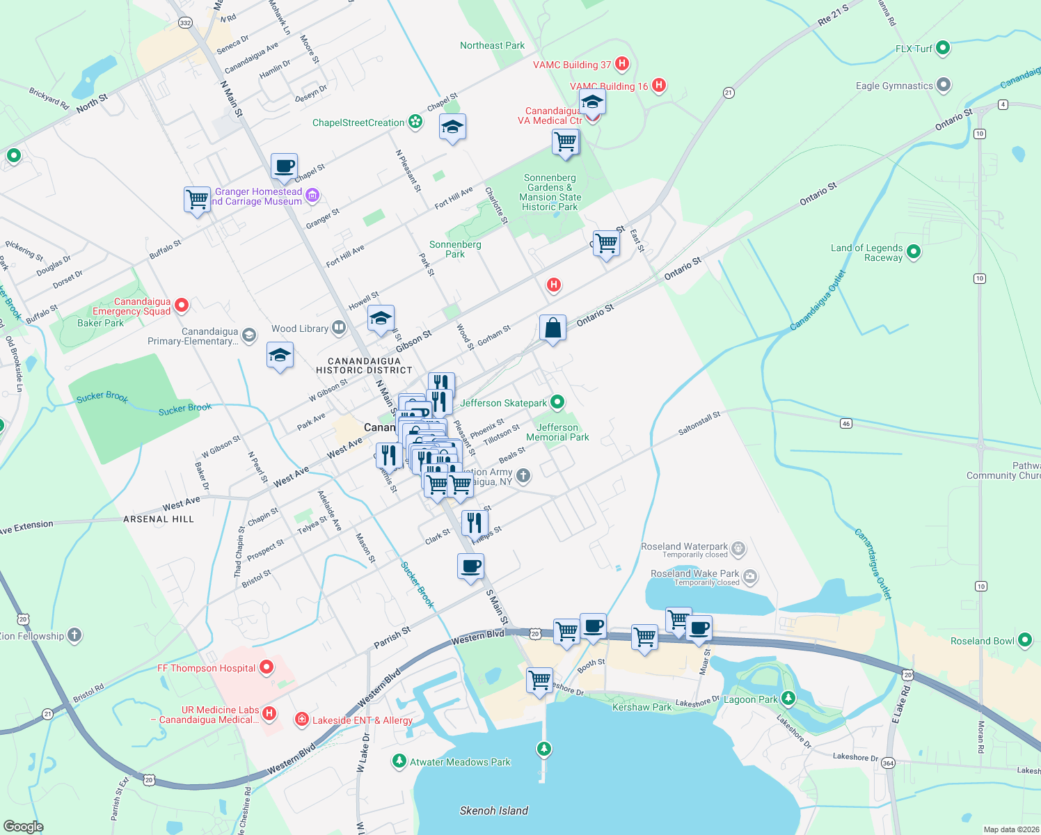 map of restaurants, bars, coffee shops, grocery stores, and more near 136 Tillotson Street in Canandaigua