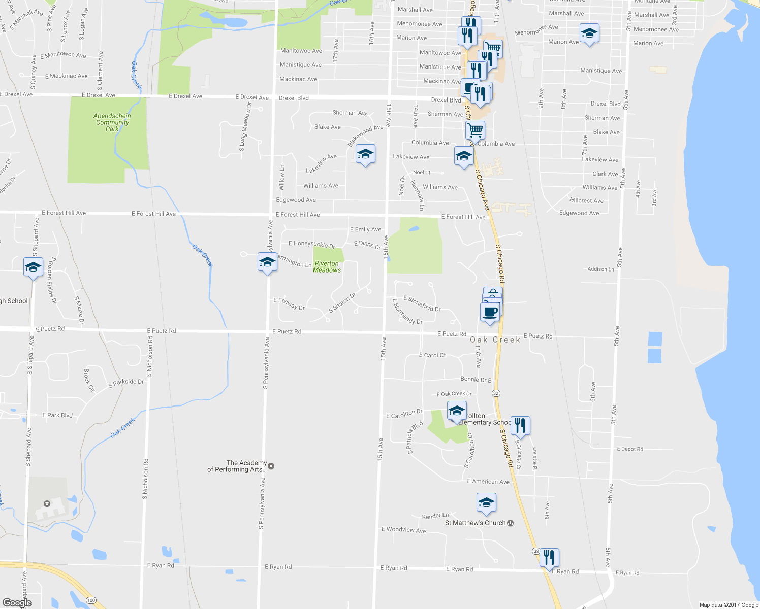 map of restaurants, bars, coffee shops, grocery stores, and more near 3120 Stonefield Drive in Oak Creek