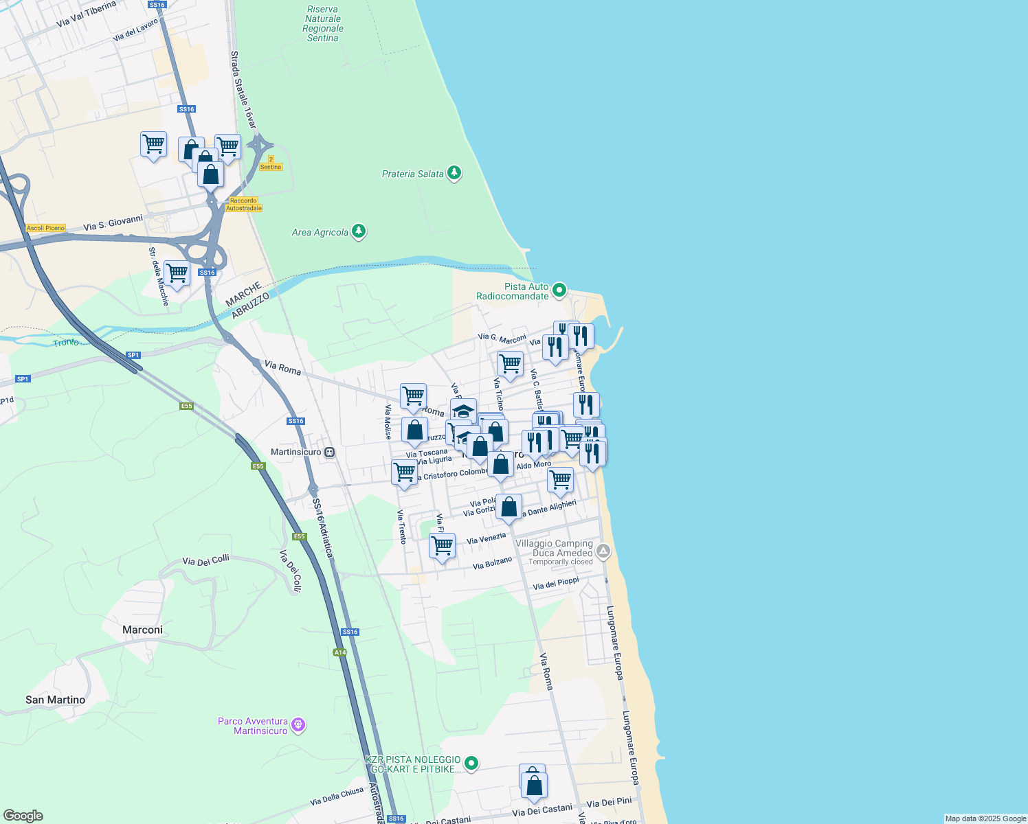 map of restaurants, bars, coffee shops, grocery stores, and more near 32 Via Ferdinando Magellano in Martinsicuro