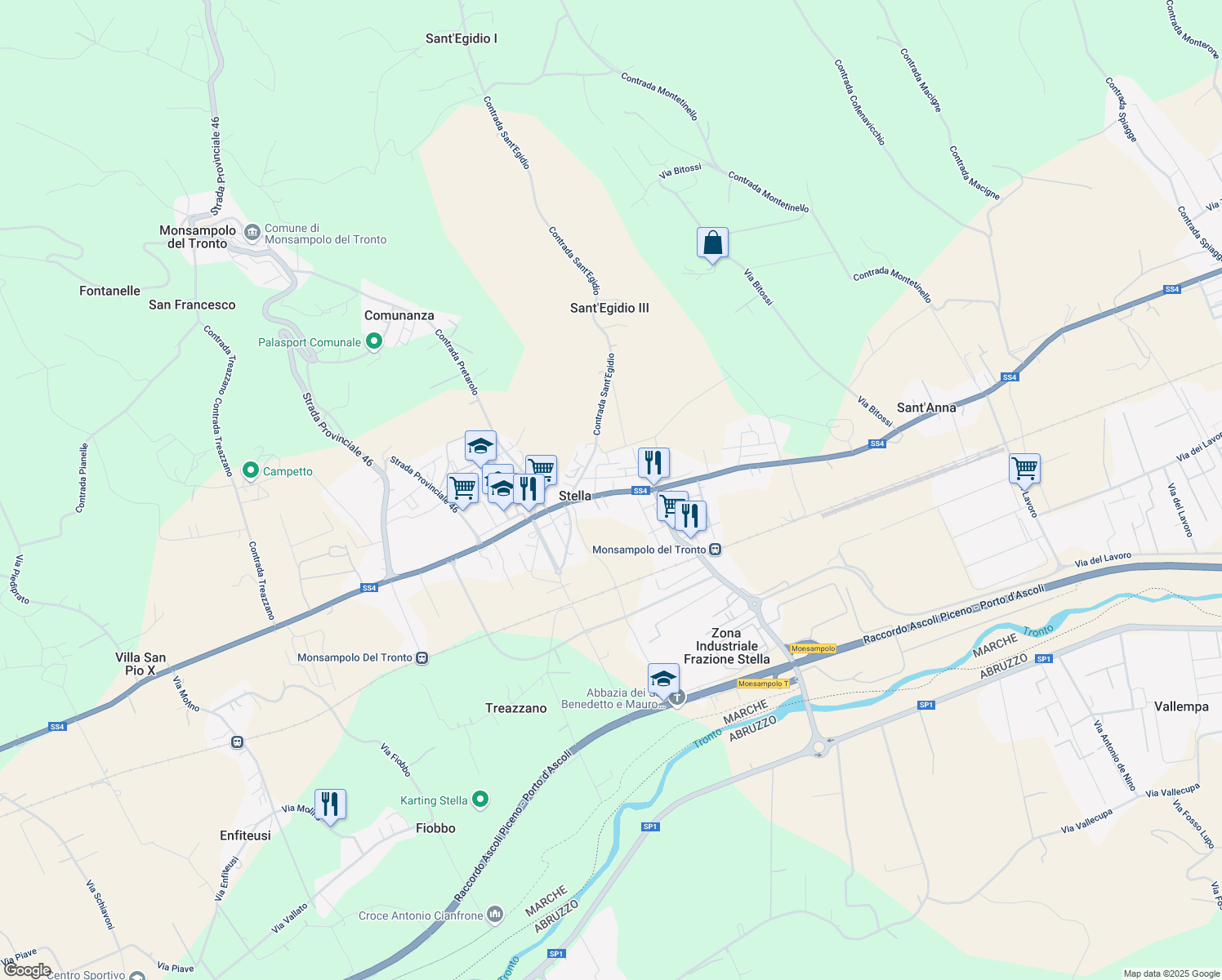 map of restaurants, bars, coffee shops, grocery stores, and more near 93 Via Salaria in Stella