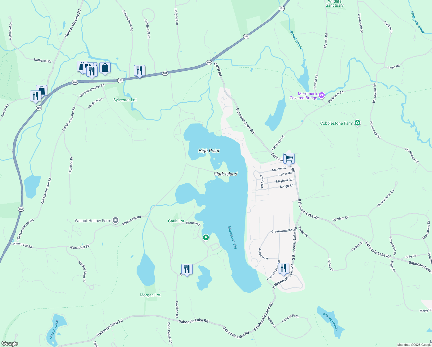 map of restaurants, bars, coffee shops, grocery stores, and more near 11 Clark Island Rd in Amherst