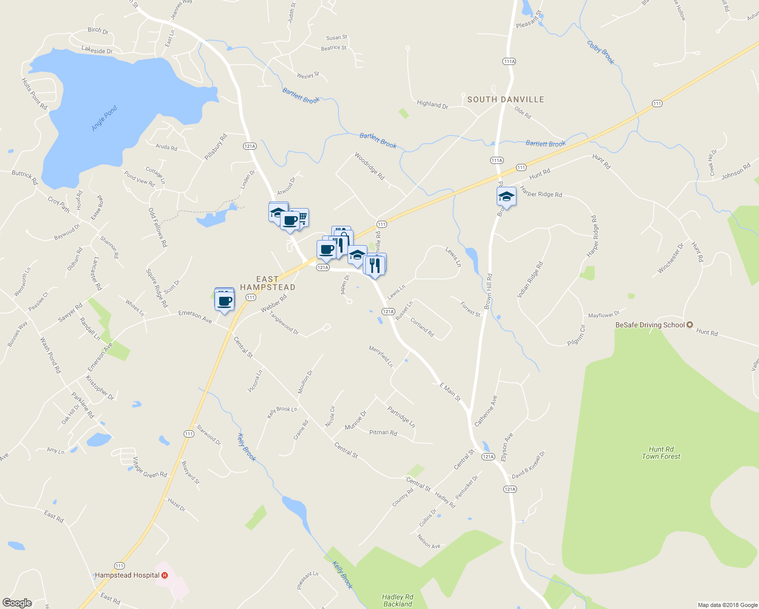 map of restaurants, bars, coffee shops, grocery stores, and more near 196 East Main Street in Hampstead