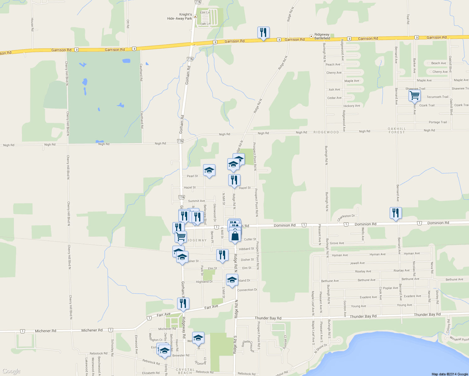 map of restaurants, bars, coffee shops, grocery stores, and more near 3660 Hazel Street in Fort Erie
