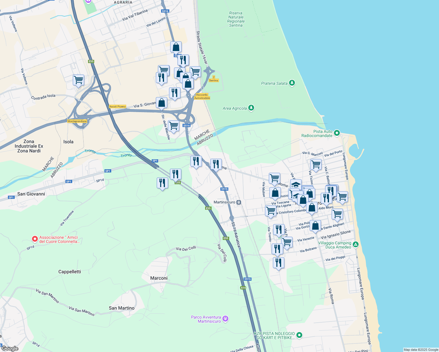 map of restaurants, bars, coffee shops, grocery stores, and more near Via Colle di Marzio in Martinsicuro