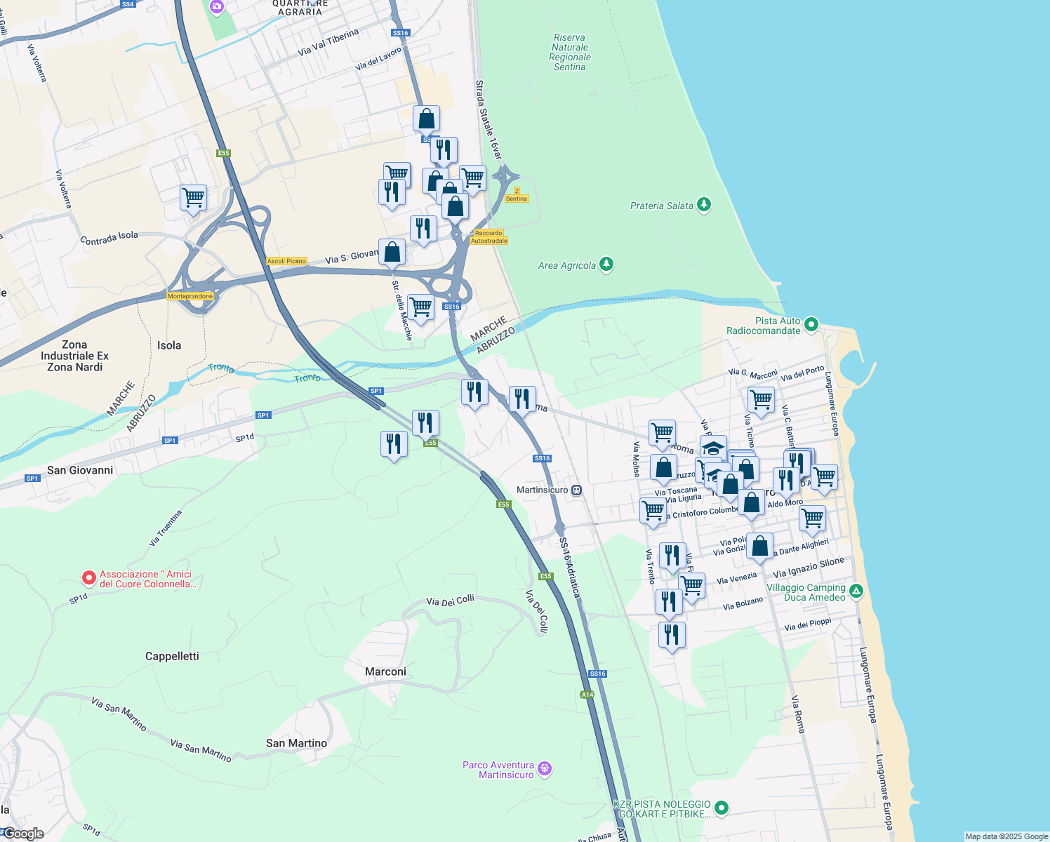 map of restaurants, bars, coffee shops, grocery stores, and more near Via Colle di Marzio in Martinsicuro