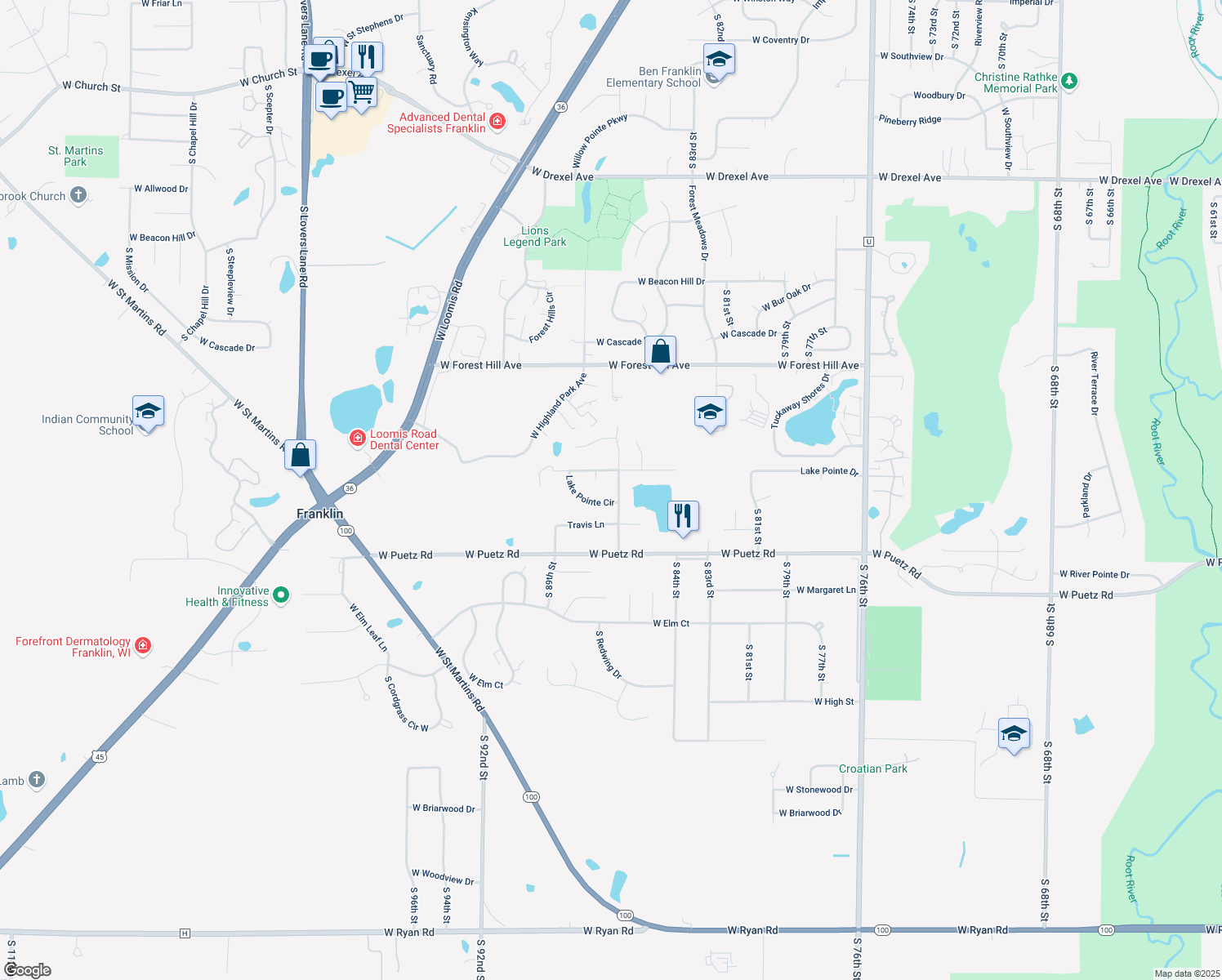 map of restaurants, bars, coffee shops, grocery stores, and more near 8529 Golden Lake Court in Franklin