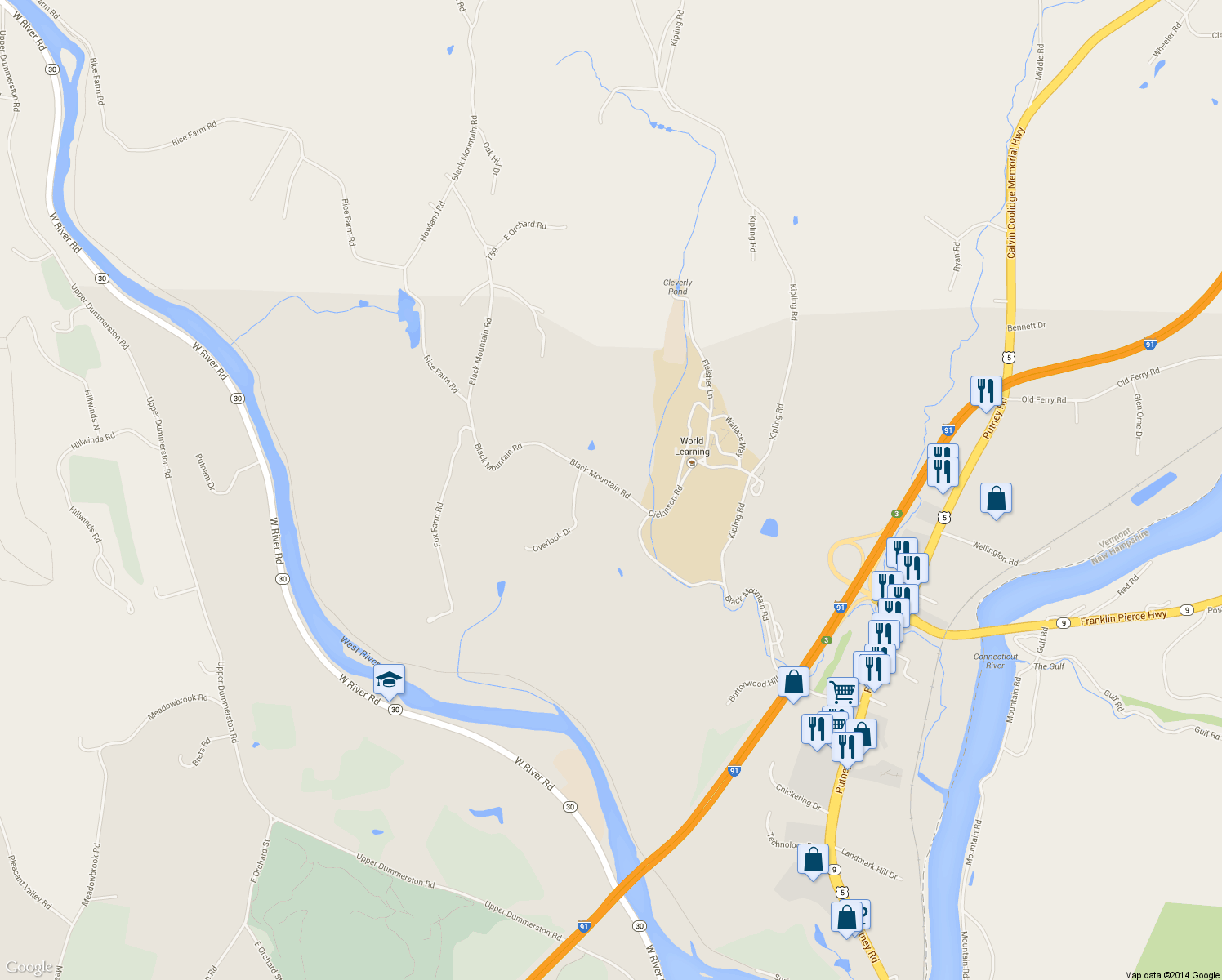 map of restaurants, bars, coffee shops, grocery stores, and more near 554 Black Mountain Road in Brattleboro