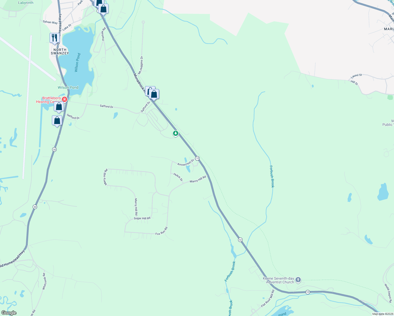 map of restaurants, bars, coffee shops, grocery stores, and more near 70 Arrowcrest Dr in Swanzey