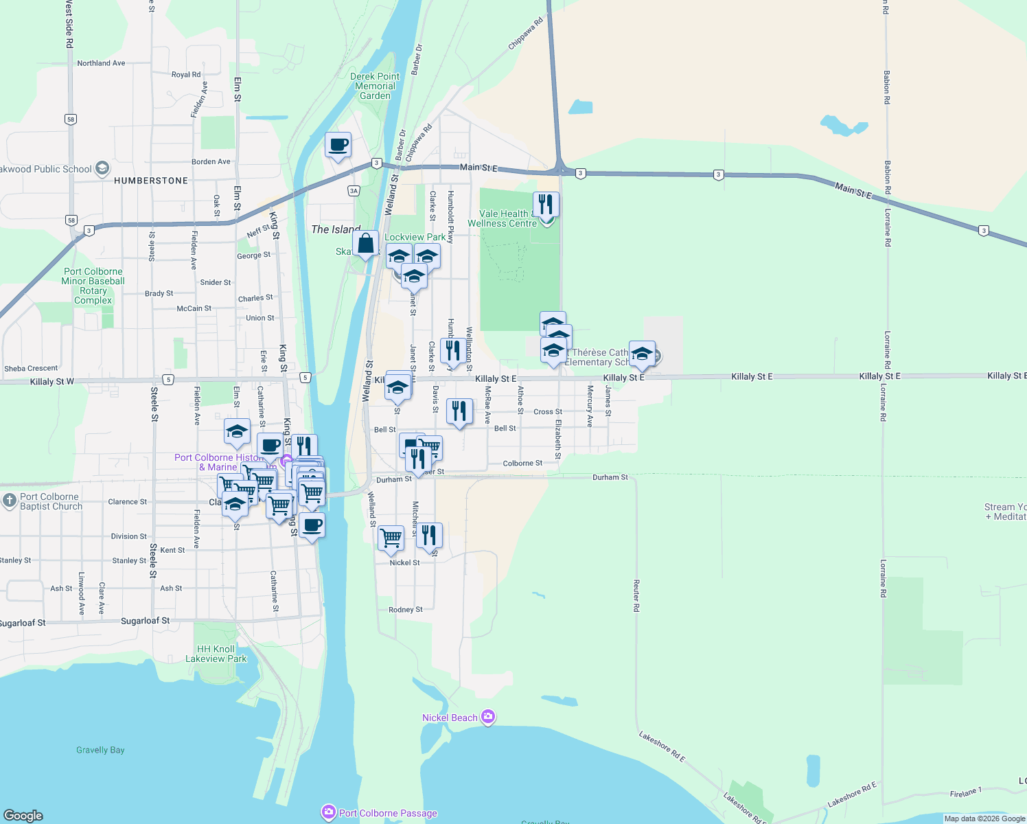 map of restaurants, bars, coffee shops, grocery stores, and more near 41 Cross Street in Port Colborne