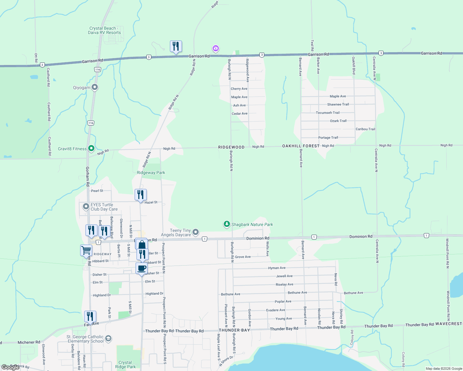 map of restaurants, bars, coffee shops, grocery stores, and more near 355-569 Burleigh Road North in Fort Erie
