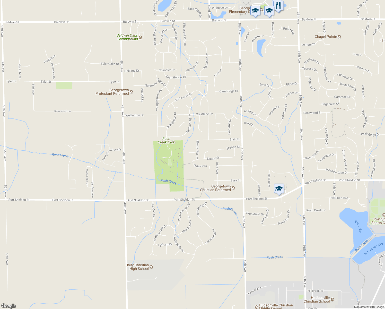 map of restaurants, bars, coffee shops, grocery stores, and more near 4338 Shady Oak Court in Hudsonville