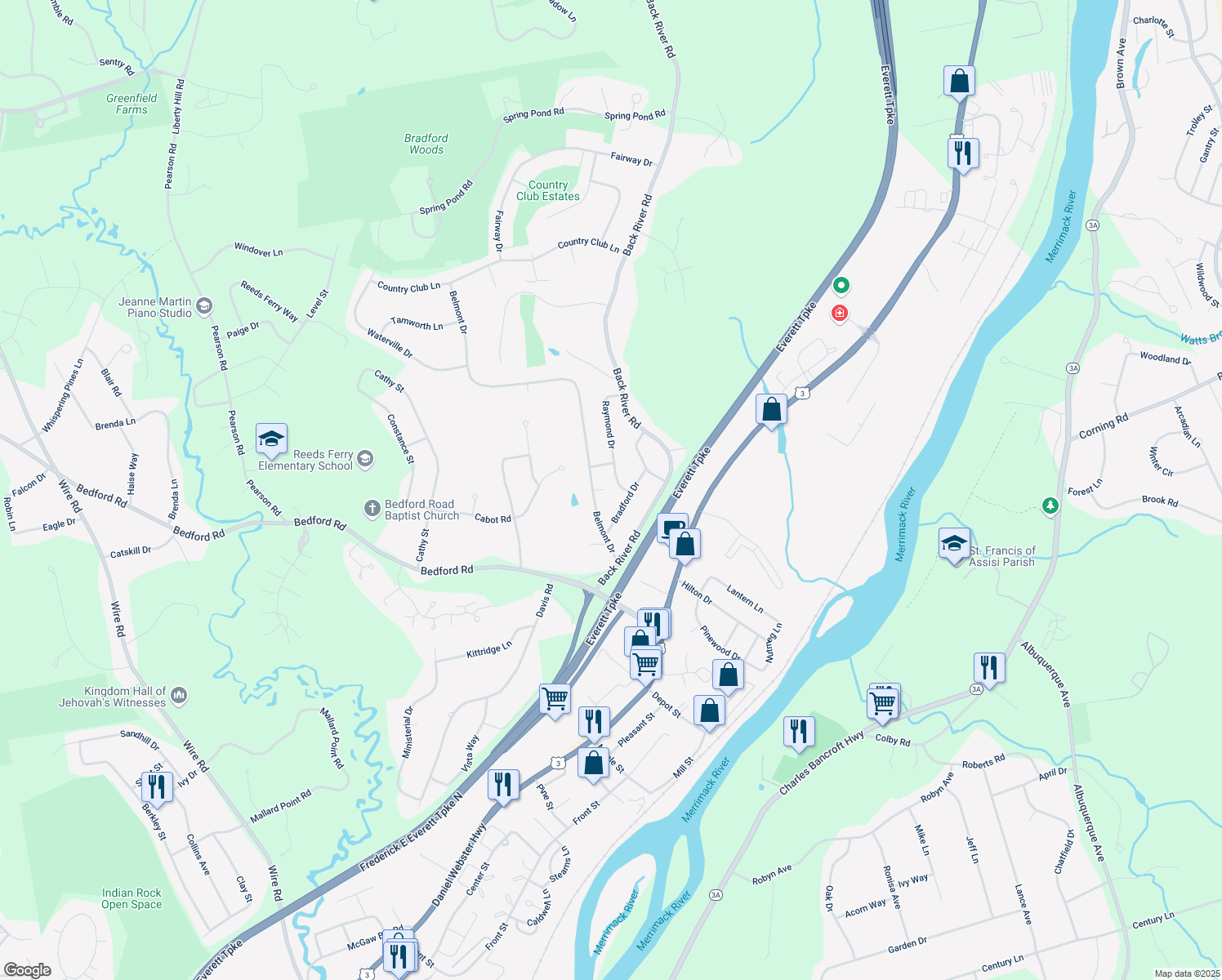 map of restaurants, bars, coffee shops, grocery stores, and more near 4 Raymond Drive in Merrimack