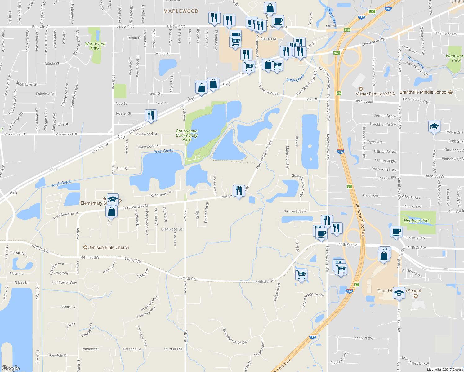 map of restaurants, bars, coffee shops, grocery stores, and more near 6720 Waterview Drive Southwest in Grandville