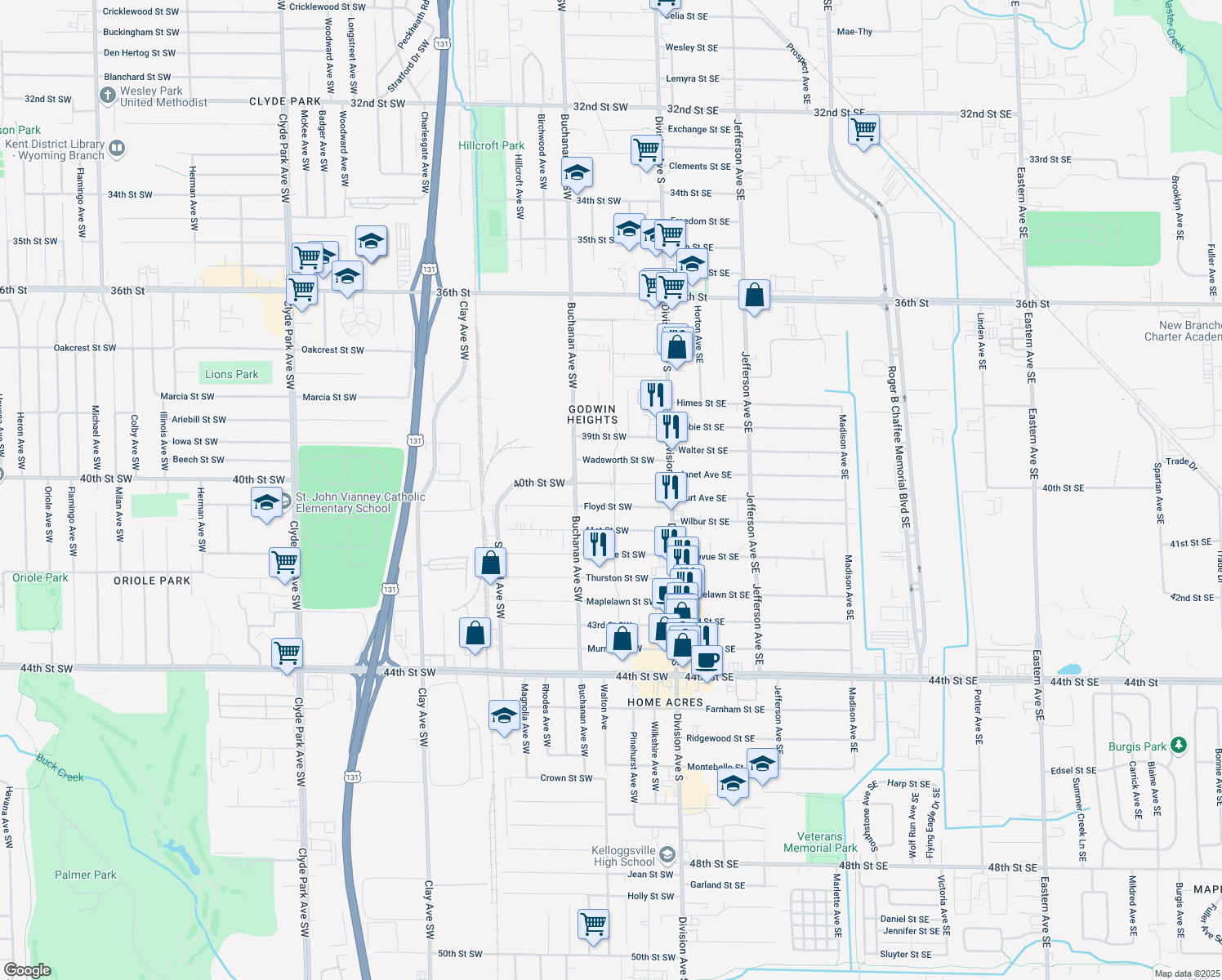 map of restaurants, bars, coffee shops, grocery stores, and more near 112 40th St SW in Grand Rapids