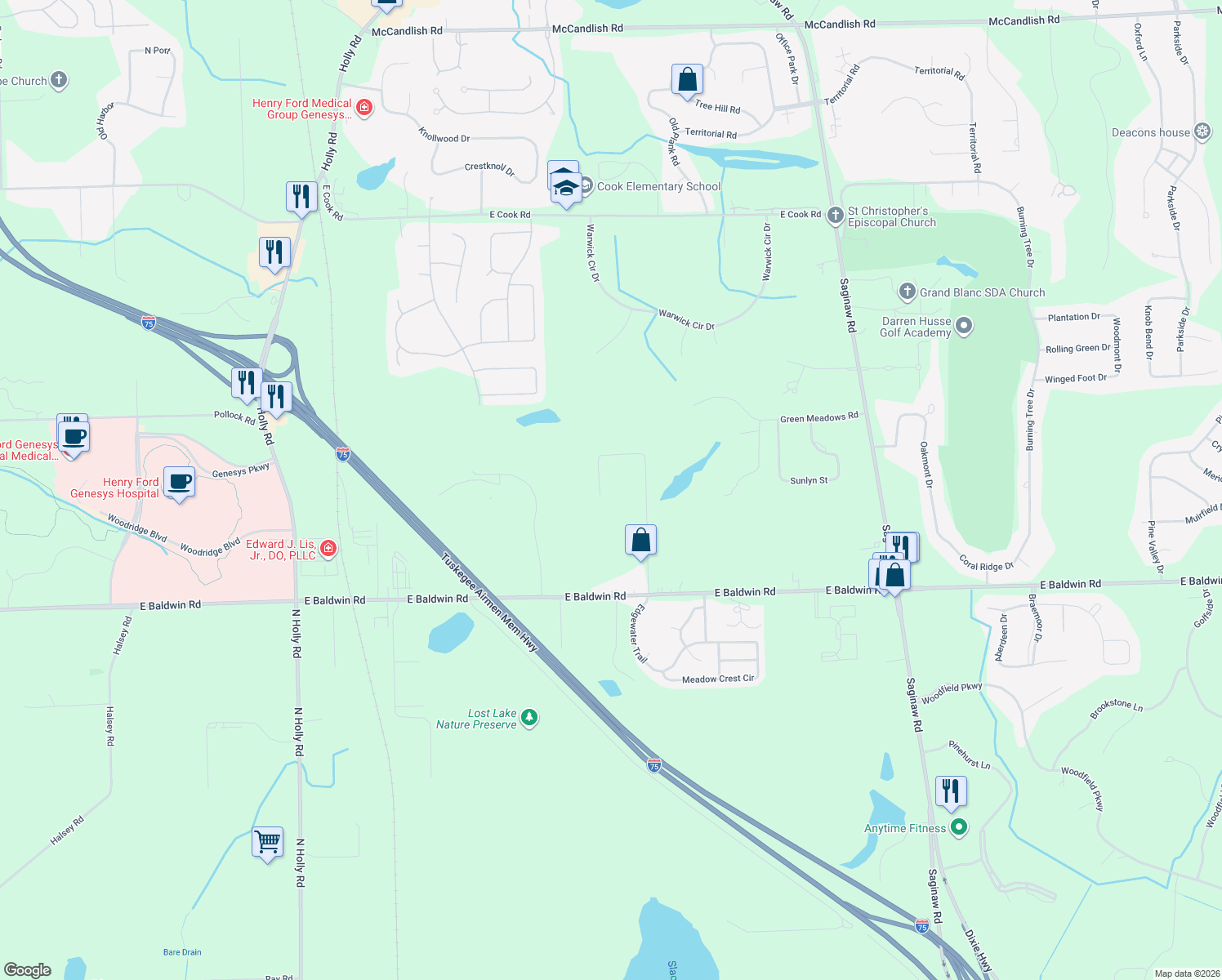 map of restaurants, bars, coffee shops, grocery stores, and more near 9377 Ruby Street in Holly