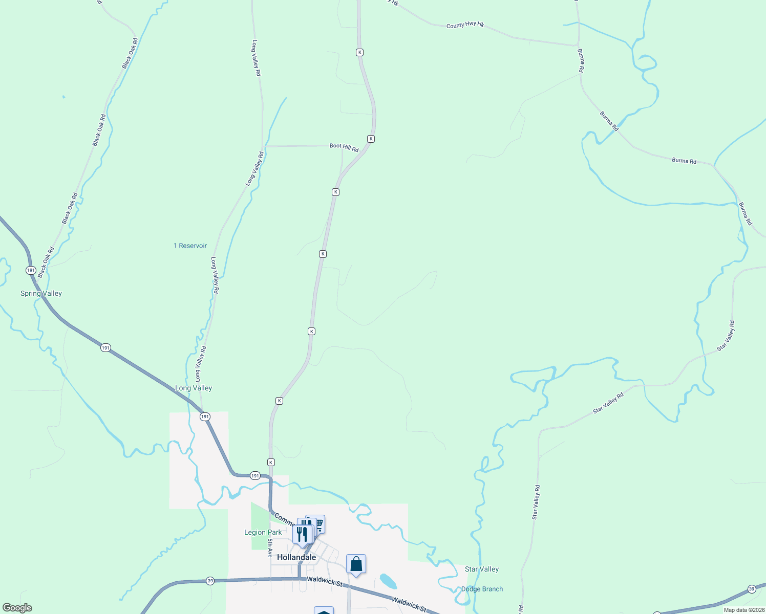 map of restaurants, bars, coffee shops, grocery stores, and more near 1665 County Road K in Hollandale