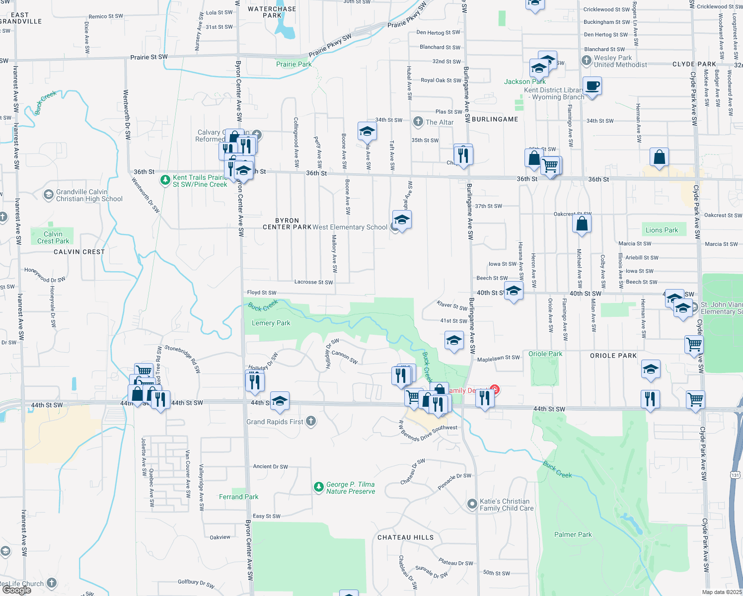 map of restaurants, bars, coffee shops, grocery stores, and more near 4045 Groveland Ave SW in Wyoming