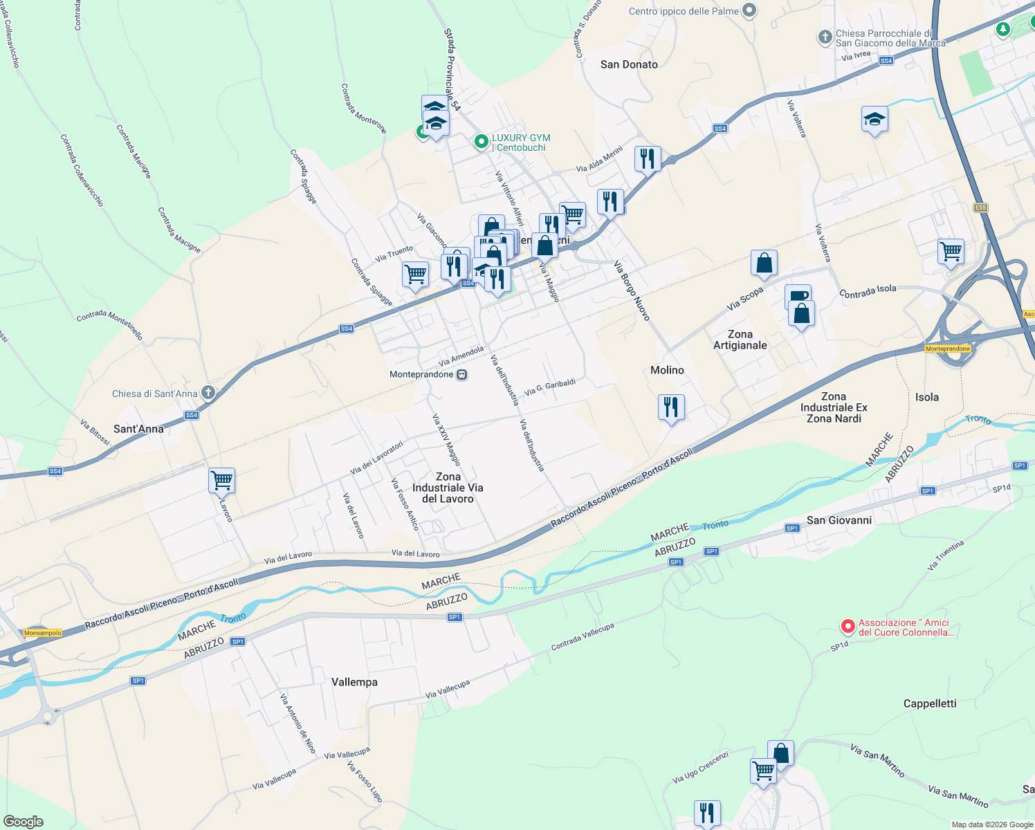 map of restaurants, bars, coffee shops, grocery stores, and more near 15 Via G. Garibaldi in Provincia di Ascoli Piceno