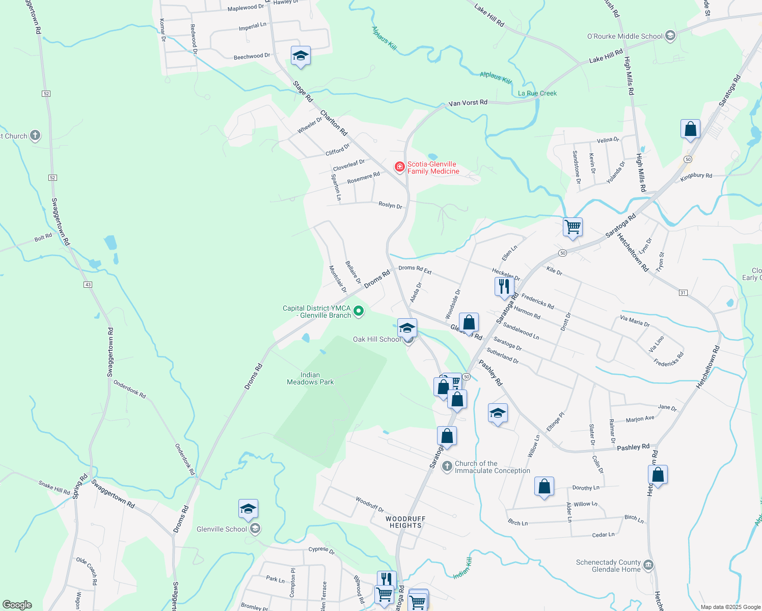 map of restaurants, bars, coffee shops, grocery stores, and more near 15 Dawn Drive in Glenville