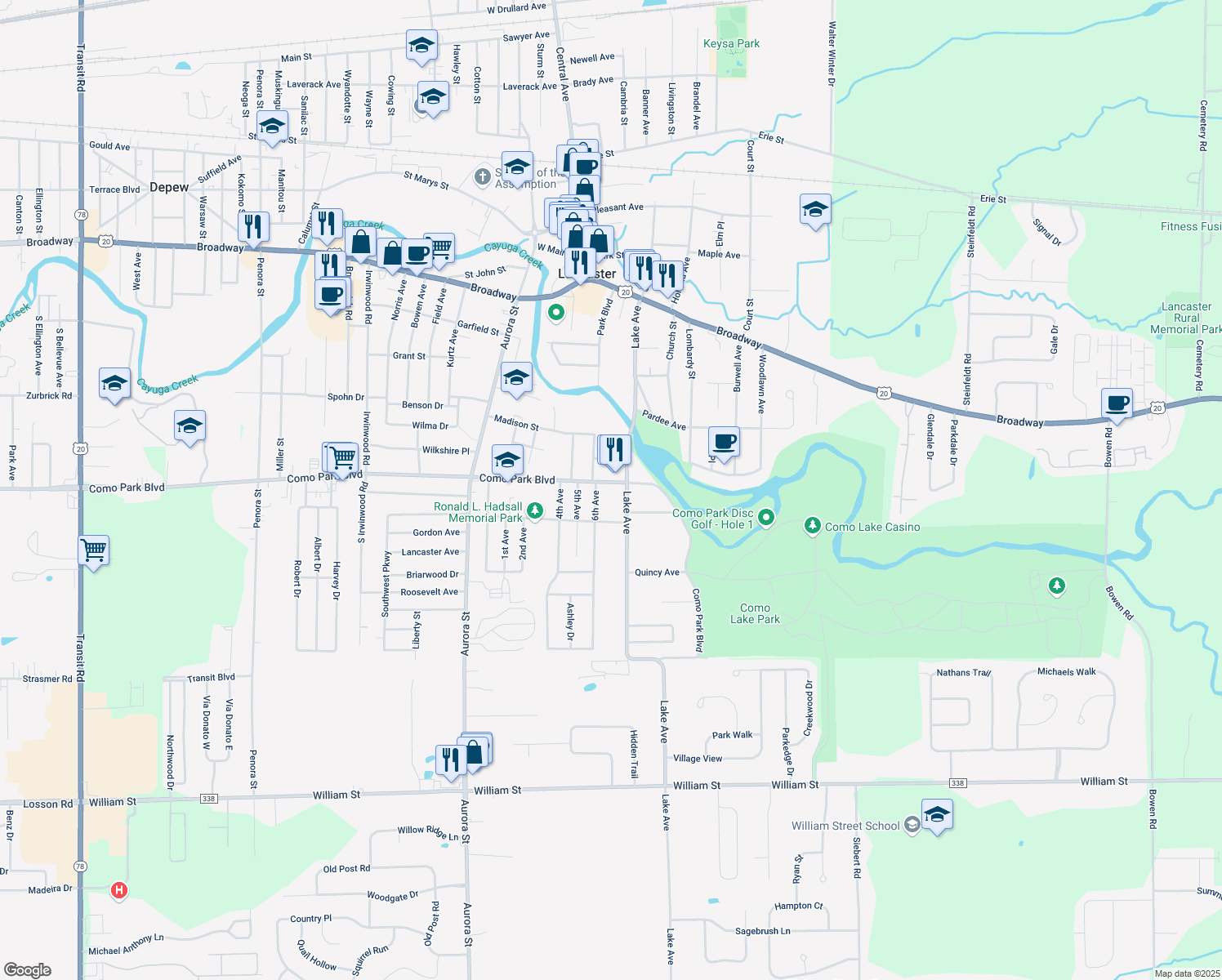 map of restaurants, bars, coffee shops, grocery stores, and more near 2079 Como Park Boulevard in Lancaster