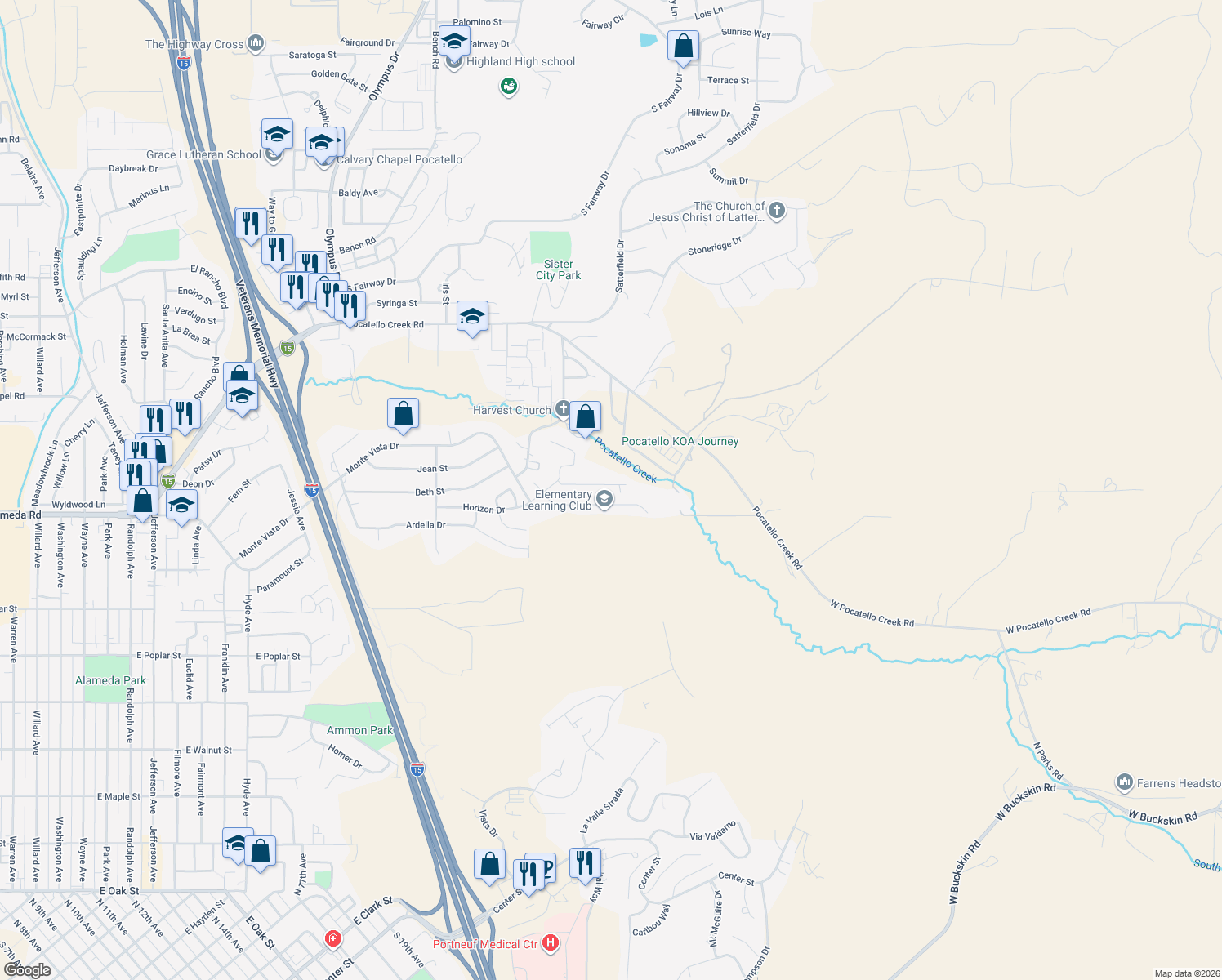 map of restaurants, bars, coffee shops, grocery stores, and more near 2435 Northstar Dr in Pocatello