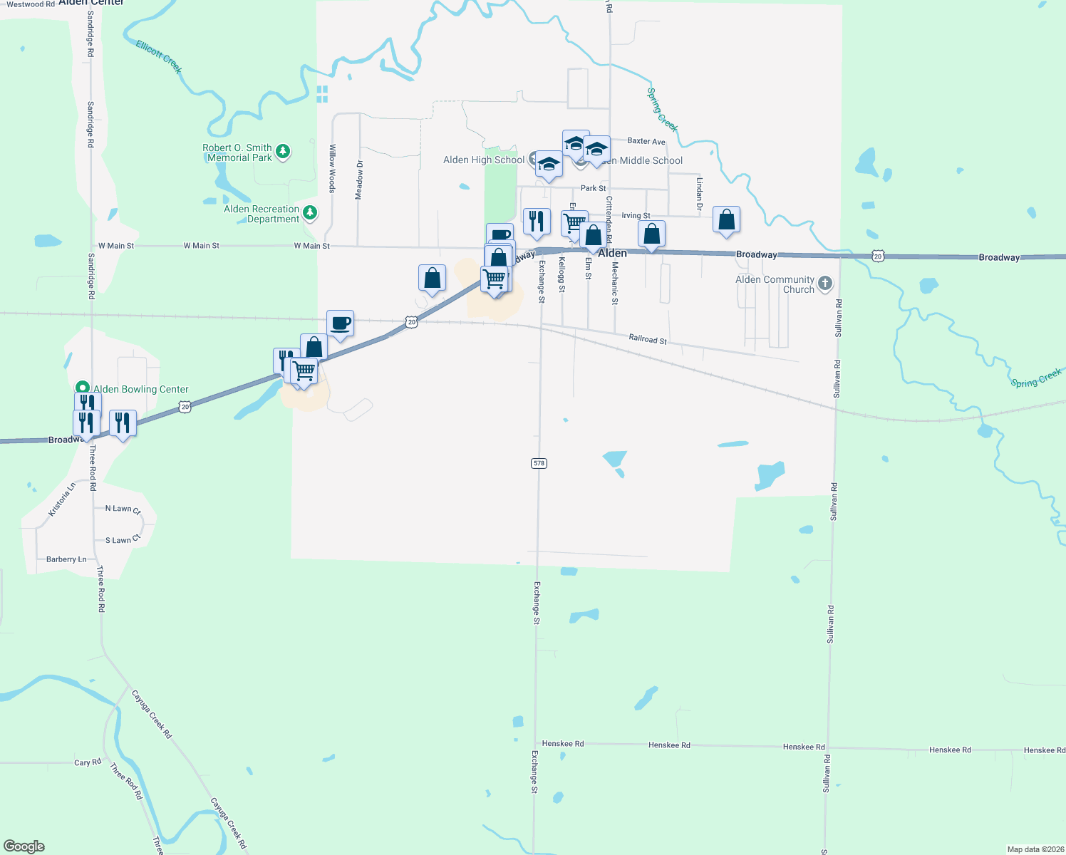 map of restaurants, bars, coffee shops, grocery stores, and more near 1146 Exchange Street in Alden