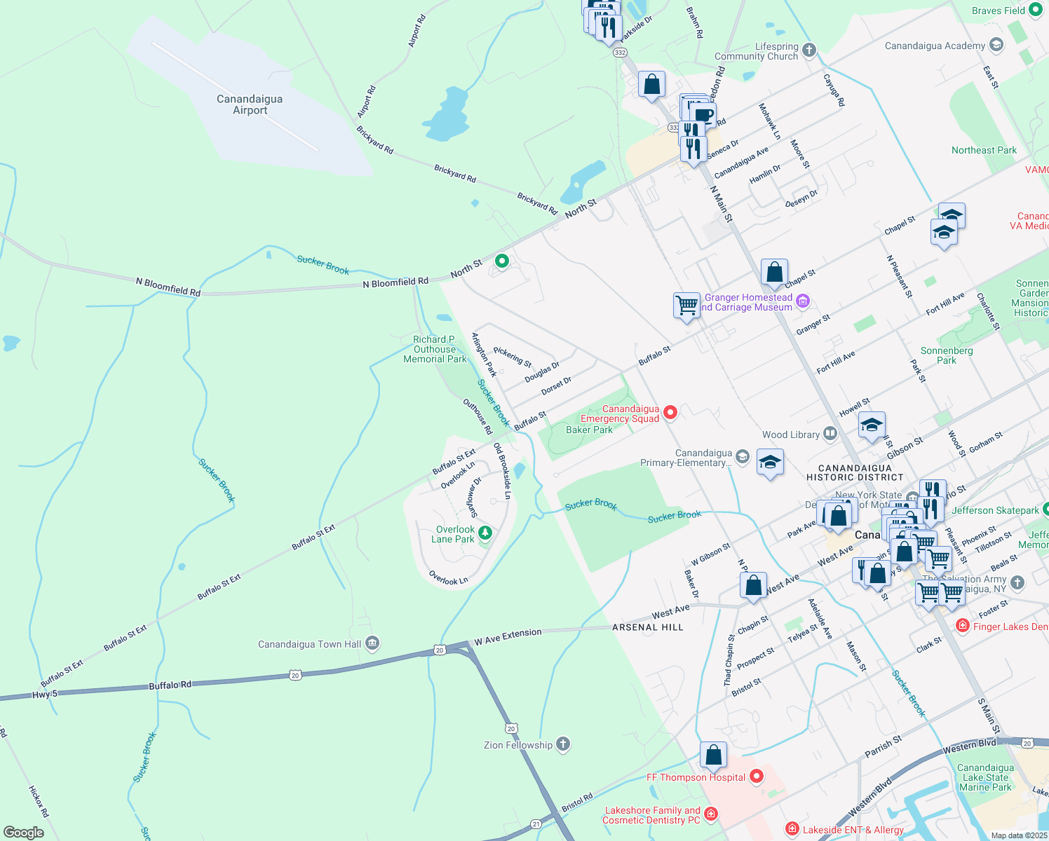 map of restaurants, bars, coffee shops, grocery stores, and more near 1 Arlington Park in Canandaigua