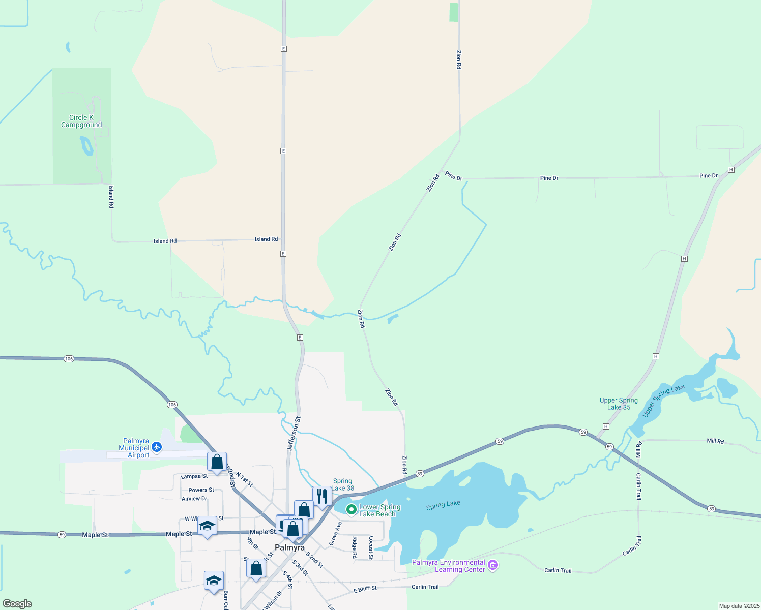 map of restaurants, bars, coffee shops, grocery stores, and more near N1466 Zion Road in Palmyra