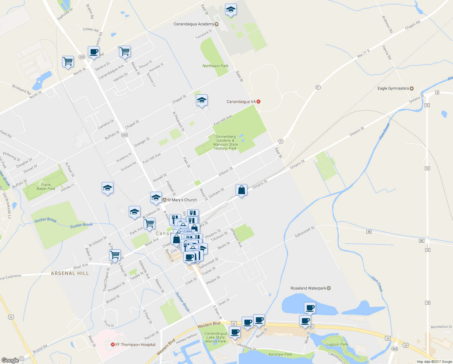 map of restaurants, bars, coffee shops, grocery stores, and more near 200 Gorham Street in Canandaigua