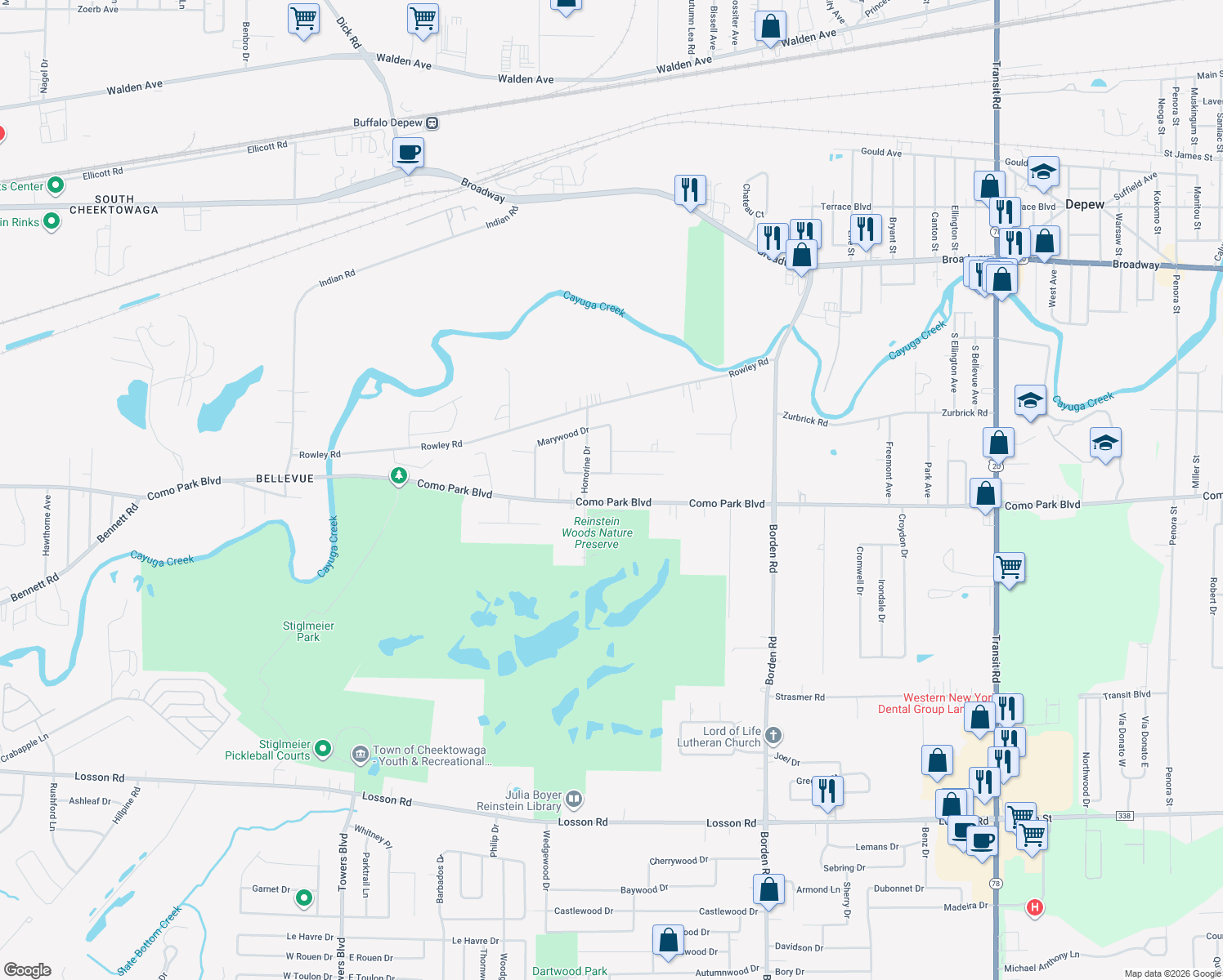 map of restaurants, bars, coffee shops, grocery stores, and more near 1160 Como Park Blvd in Depew