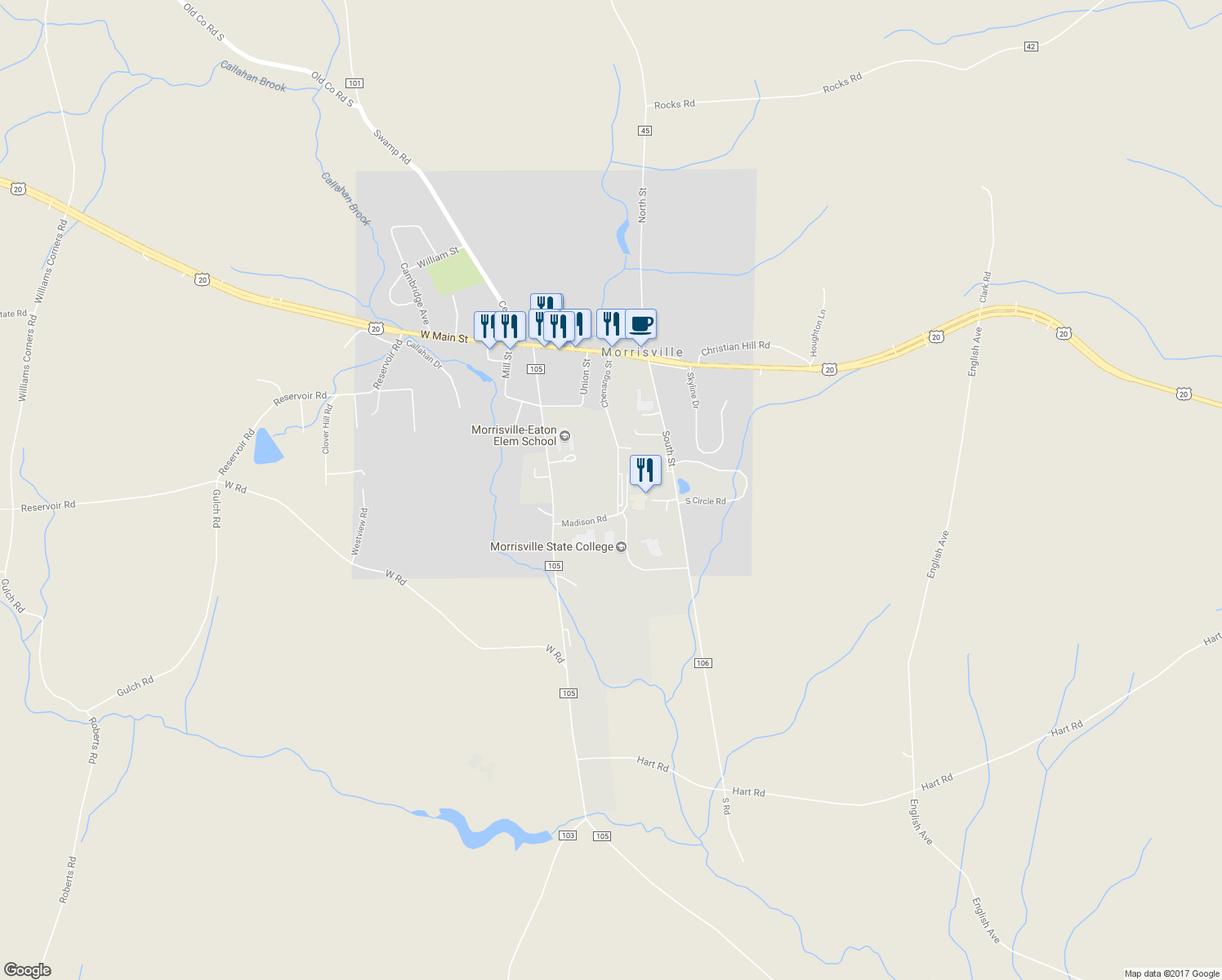 map of restaurants, bars, coffee shops, grocery stores, and more near 100 Eaton Street in Morrisville