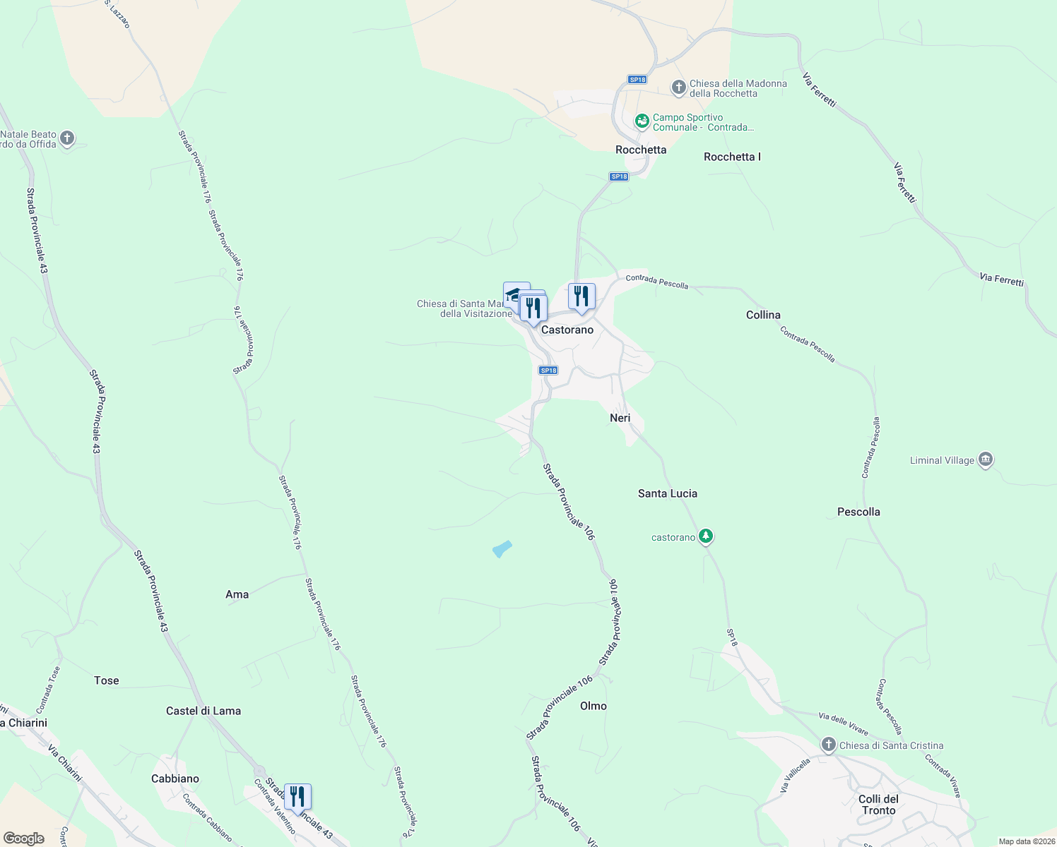 map of restaurants, bars, coffee shops, grocery stores, and more near 6 Via Benvenuto Cellini in Castorano