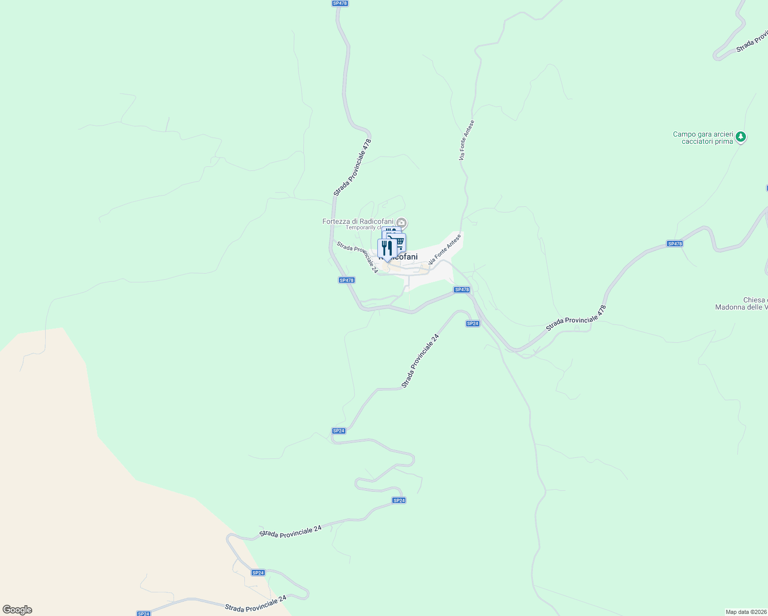 map of restaurants, bars, coffee shops, grocery stores, and more near 12 SP478 in Radicofani