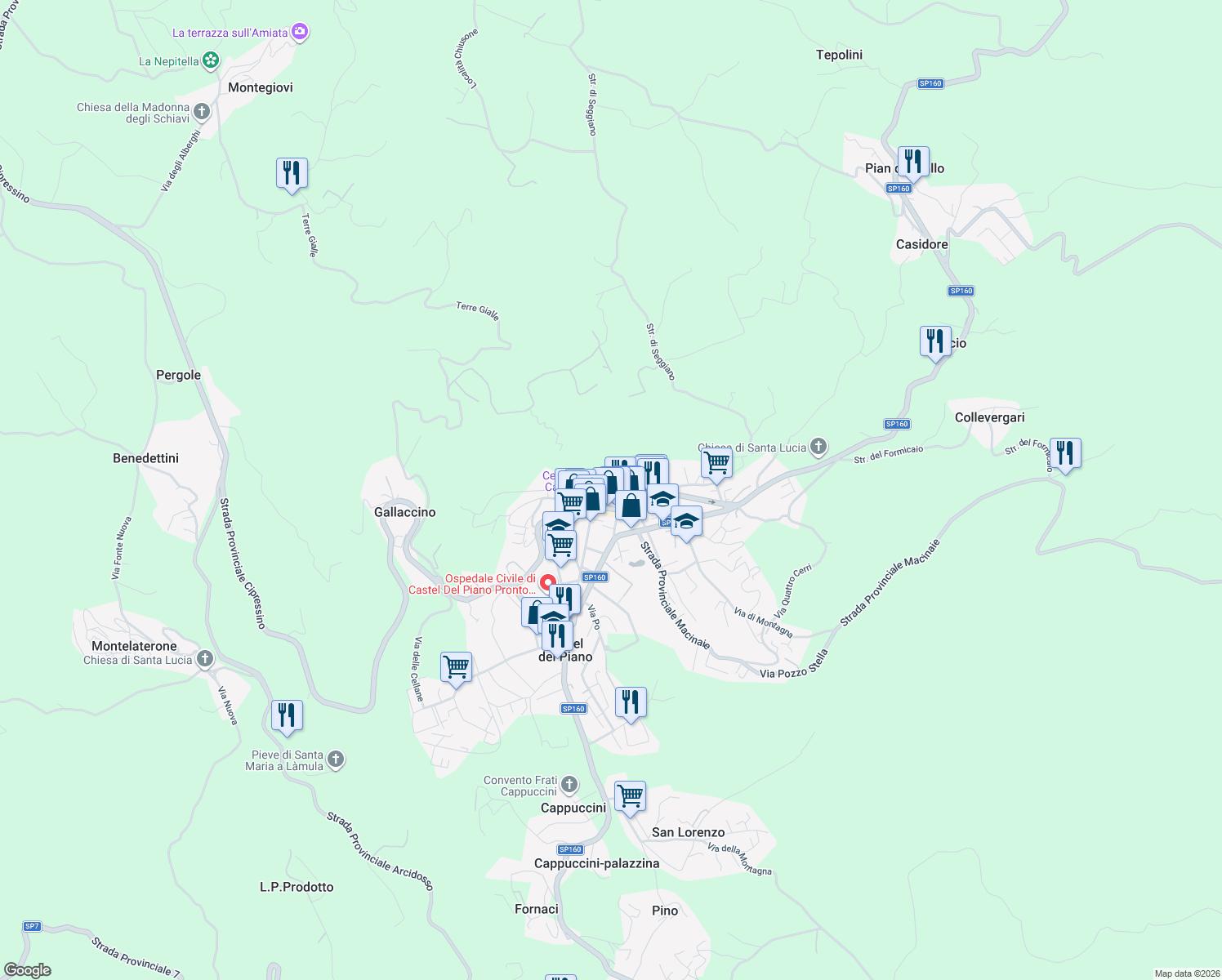 map of restaurants, bars, coffee shops, grocery stores, and more near 12 Via della Penna in Castel del Piano