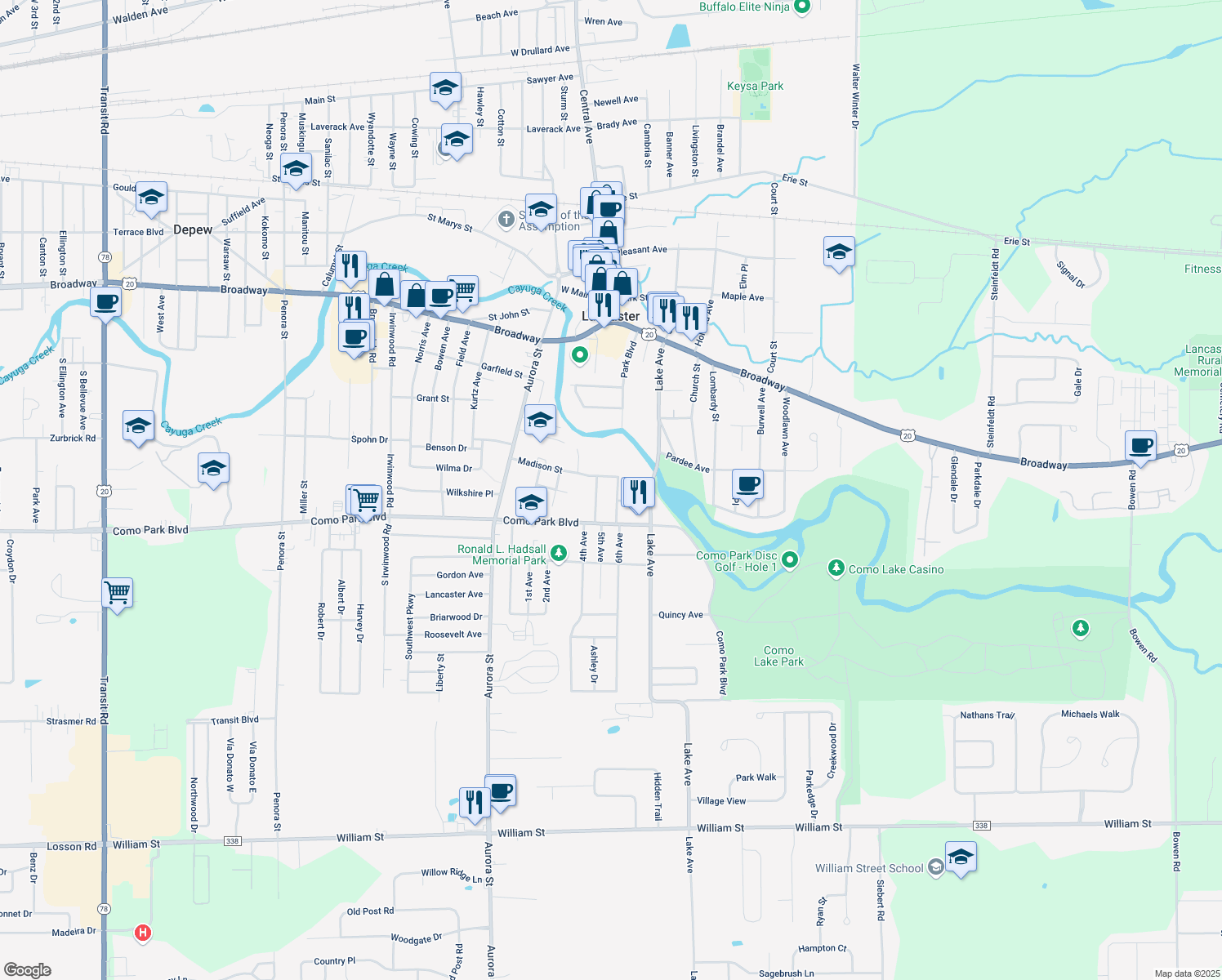 map of restaurants, bars, coffee shops, grocery stores, and more near 30 Linden Ave in Lancaster