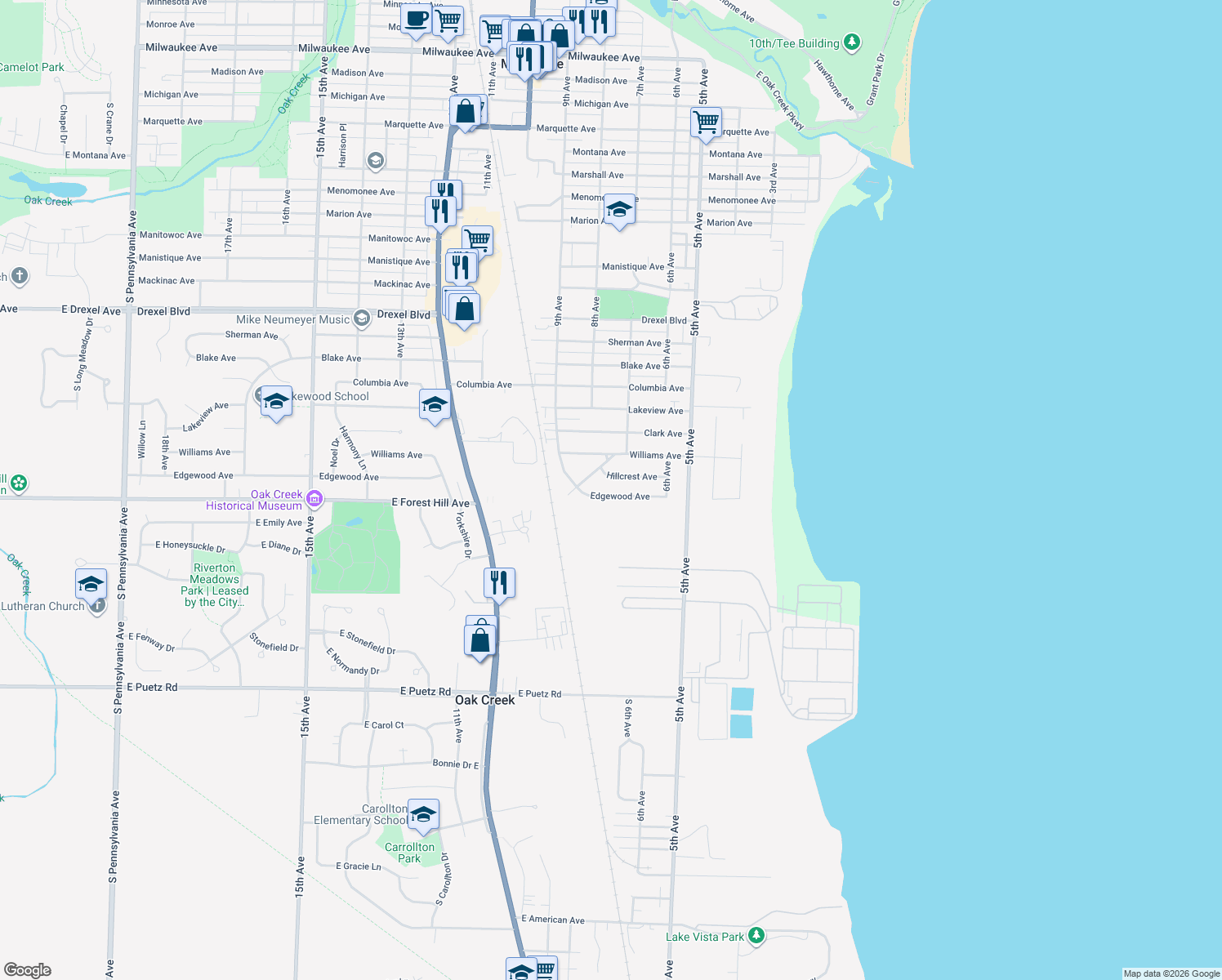 map of restaurants, bars, coffee shops, grocery stores, and more near 708 Edgewood Avenue in South Milwaukee