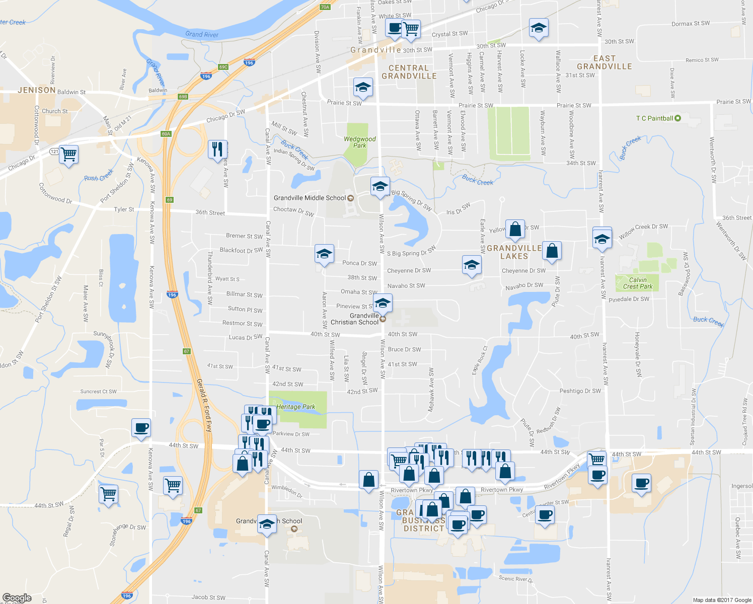 map of restaurants, bars, coffee shops, grocery stores, and more near 4015 Pineview Street Southwest in Grandville